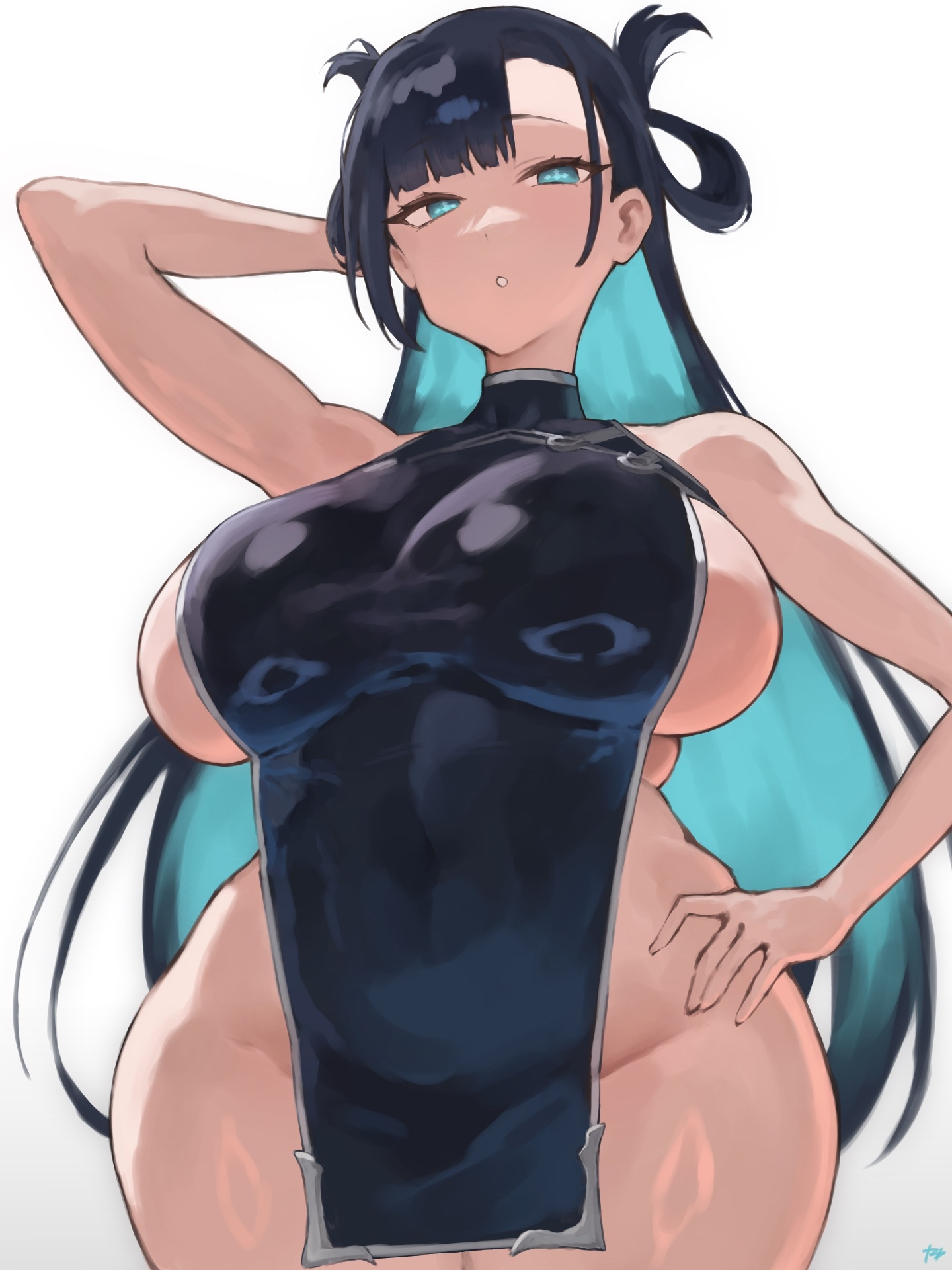 fukuya art, kuniruri natsuki, nue no onmyouji, commentary request, highres, 1girl, aqua eyes, aqua hair, arm behind head, arm up, artist name, bare arms, bare shoulders, black hair, black tabard, breasts, colored inner hair, cowboy shot, gradient background, groin, hair rings, hand on own hip, large breasts, long hair, looking at viewer, multicolored hair, naked tabard, no panties, parted lips, sideboob, solo, standing, symbol-shaped pupils, tabard, two-tone background, two-tone hair, very long hair, white background