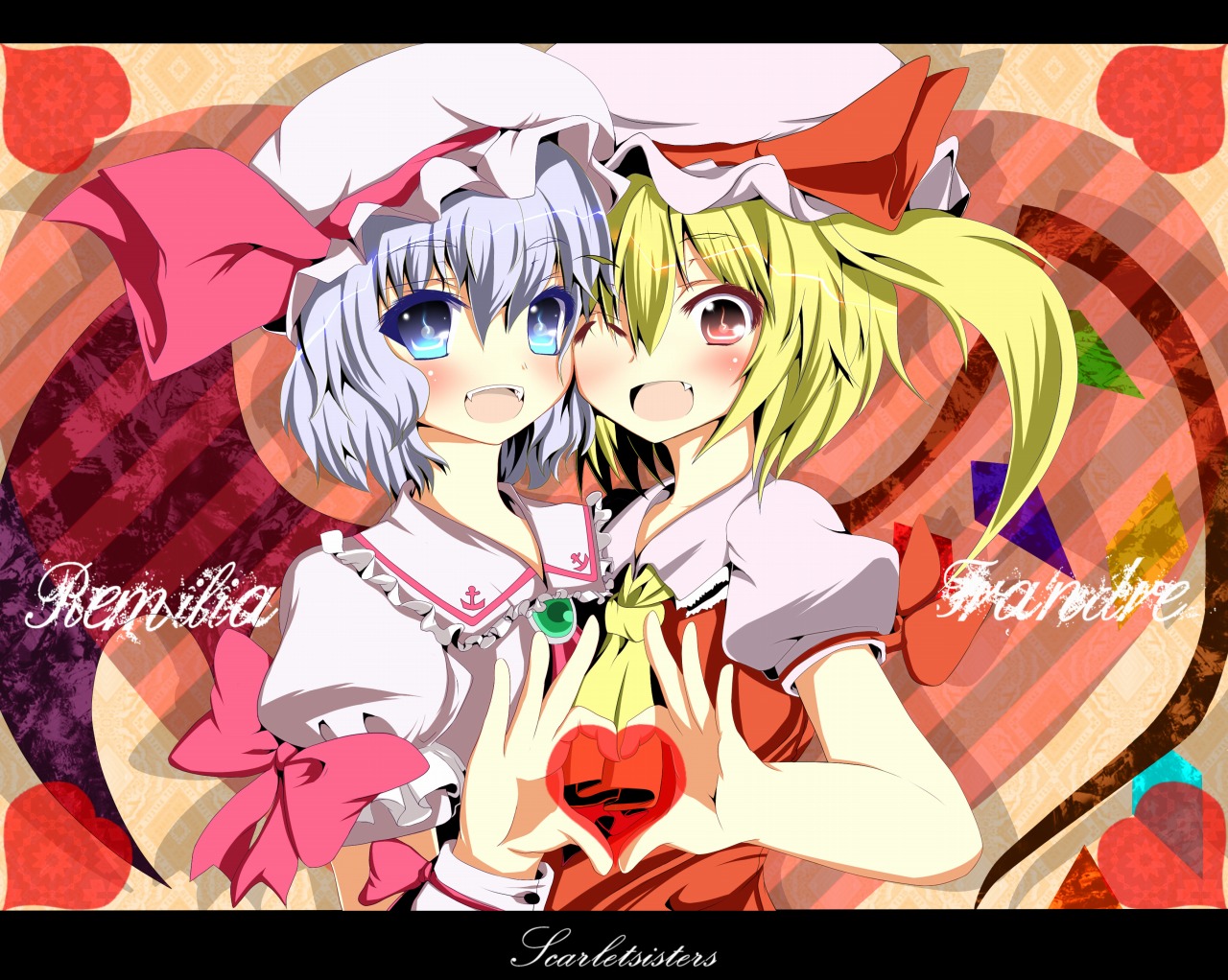 sukage, flandre scarlet, remilia scarlet, touhou, 2girls, :d, ;d, blonde hair, blue eyes, fang, female focus, four-finger heart hands, hat, heart, heart hands, heart hands duo, letterboxed, multiple girls, one eye closed, open mouth, purple hair, red eyes, short hair, siblings, sisters, smile