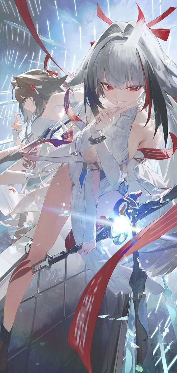 modare, ye shunguang, zenless zone zero, highres, 2girls, animal ears, bare shoulders, black boots, black hair, boots, brown hair, china dress, chinese clothes, detached sleeves, dress, dual persona, fox ears, fox girl, grey hair, holding, holding weapon, index finger raised, long hair, long sleeves, looking at viewer, multicolored hair, multiple girls, parted lips, red eyes, smile, standing, very long hair, weapon, white dress