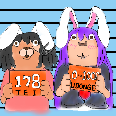 inaba tewi, reisen udongein inaba, touhou, usavich, lowres, non-web source, 2girls, animal ears, female focus, mugshot, multiple girls, oekaki, parody, poorly drawn, rabbit ears, safety pin, standing, upper body