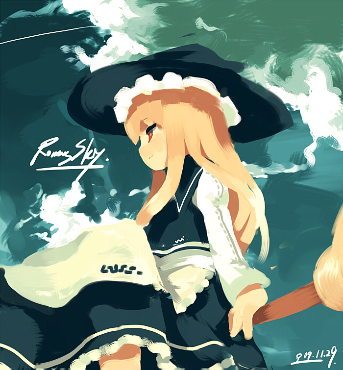 fuukadia (narcolepsy), kirisame marisa, touhou, 1girl, blonde hair, blush, broom, broom riding, cloud, female focus, hat, long hair, profile, red eyes, sidesaddle, sky, smile, solo, witch, witch hat