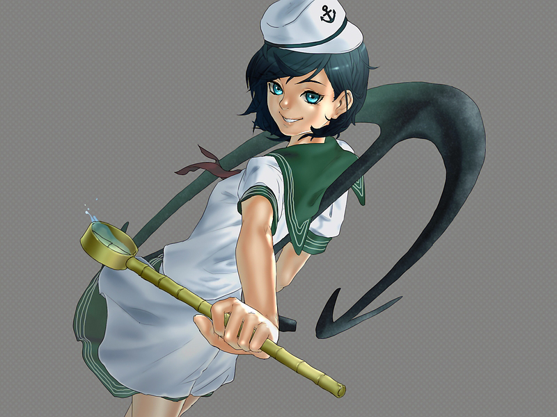 keppai, murasa minamitsu, touhou, bad id, bad pixiv id, 1girl, anchor, black hair, female focus, green eyes, hat, hishaku, ladle, sailor, sailor collar, sailor hat, short hair, simple background, solo