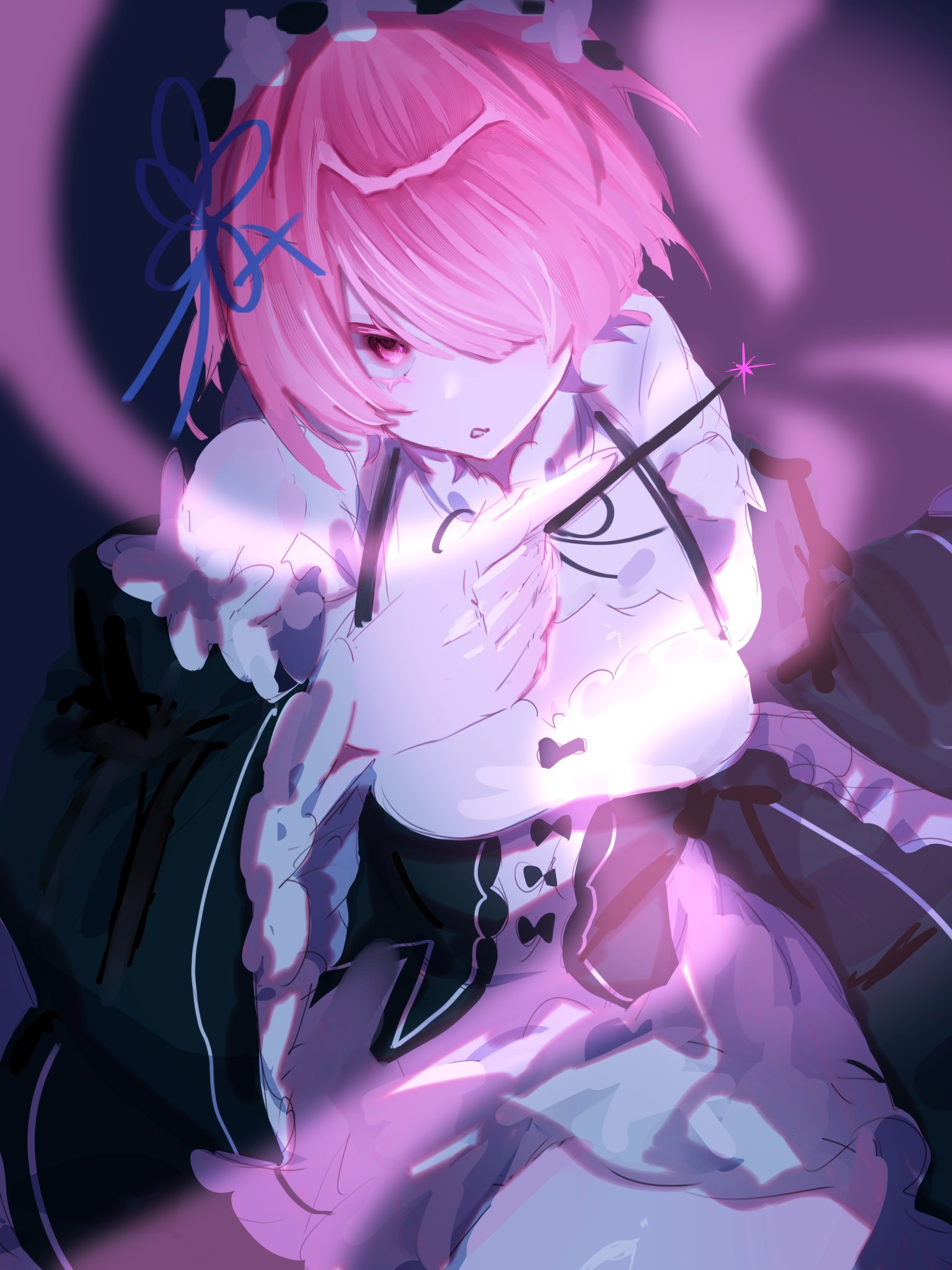 gura (kihou7342), ram (re:zero), re:zero kara hajimeru isekai seikatsu, highres, 1girl, black dress, breasts, dress, hair ornament, hair over one eye, hair ribbon, holding, holding wand, long sleeves, looking at viewer, maid, medium breasts, pink hair, ribbon, roswaal mansion maid uniform, short hair, solo, wand, white dress, wide sleeves, x hair ornament