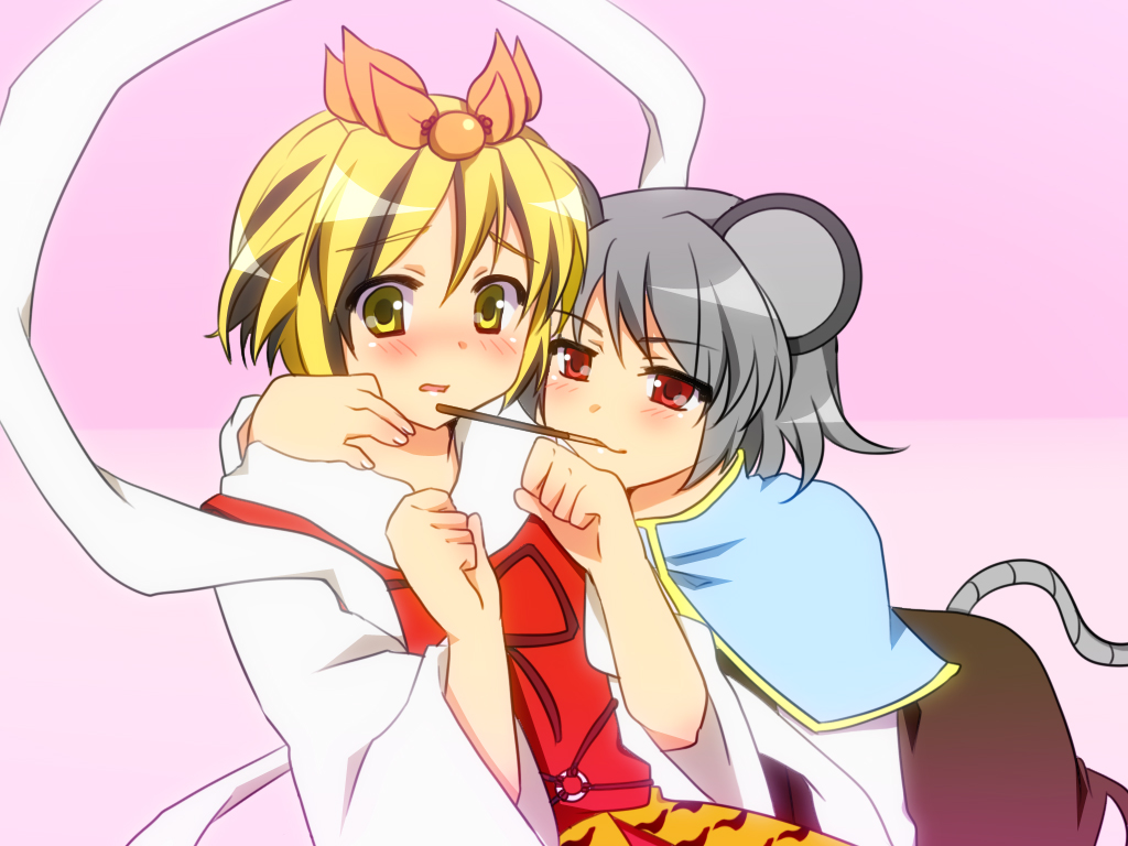 adaajt, nazrin, toramaru shou, touhou, 2girls, animal ears, blonde hair, blush, female focus, food, grey hair, hair ornament, mouse ears, mouse tail, multicolored hair, multiple girls, pocky, red eyes, short hair, tail, yellow eyes, yuri