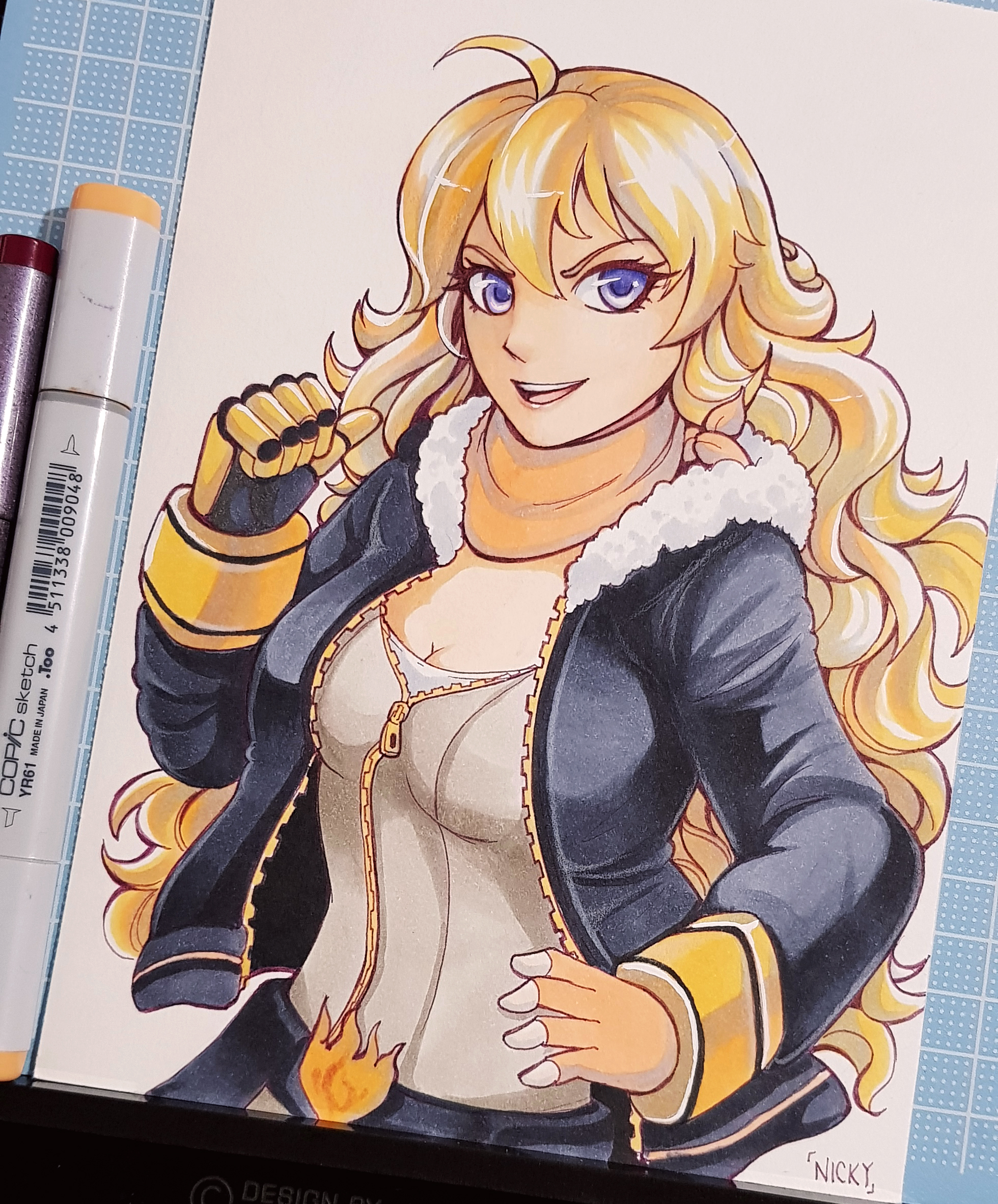 yellow nicky, yang xiao long, rwby, commentary, english commentary, highres, marker (medium), traditional media, 1girl, ahoge, art tools in frame, artist name, black jacket, blonde hair, breasts, cleavage, eyelashes, fur-trimmed jacket, fur trim, hand on own hip, jacket, lips, long hair, mechanical arms, open clothes, open jacket, open mouth, orange scarf, purple eyes, scarf, single mechanical arm, smile, solo, teeth, upper body, upper teeth only