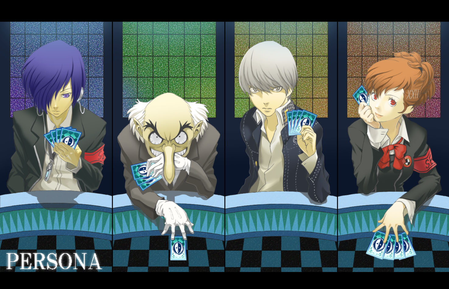 funtarunta, igor (persona), narukami yu, shiomi kotone, yuuki makoto (persona 3), atlus, persona, persona 3, persona 3 portable, persona 4, 1girl, 3boys, armband, bald, black eyes, blue eyes, blue hair, bow, brown hair, card, gloves, grey eyes, grey hair, grin, hair ornament, hairclip, headphones, holding, holding card, jacket, long nose, multiple boys, old, old man, pointy ears, red eyes, school uniform, short hair, smile