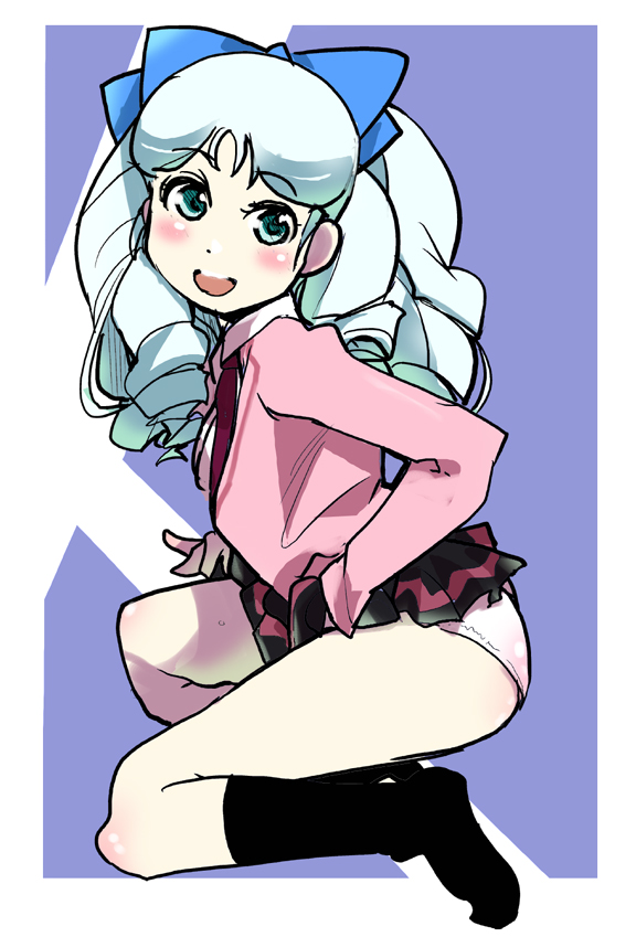 uchiuchi keyaki, sawaragi kyouka, battle spirits, battle spirits: shounen toppa bashin, silver hair, 00s, 1girl, :d, ass, black socks, blazer, blue eyes, blush, bow, clothes lift, drill hair, female focus, flat chest, green eyes, hair bow, hair ribbon, jacket, kneehighs, kneeling, legs, long hair, looking at viewer, looking back, naughty face, necktie, open mouth, panties, pleated skirt, profile, ribbon, simple background, skirt, skirt lift, smile, socks, solo, underwear, upskirt, white panties