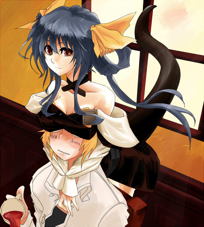 da panda, panda (pixiv), dizzy (guilty gear), ky kiske, arc system works, guilty gear, 1boy, 1girl, bare shoulders, blonde hair, blue hair, blush, bow, breast rest, breasts, breasts on head, choker, couple, covering face, covering own eyes, covering privates, cup, hetero, hug, large breasts, red eyes, ribbon, sitting, spill, tail, tea, teacup, thighhighs, twintails, underboob, window