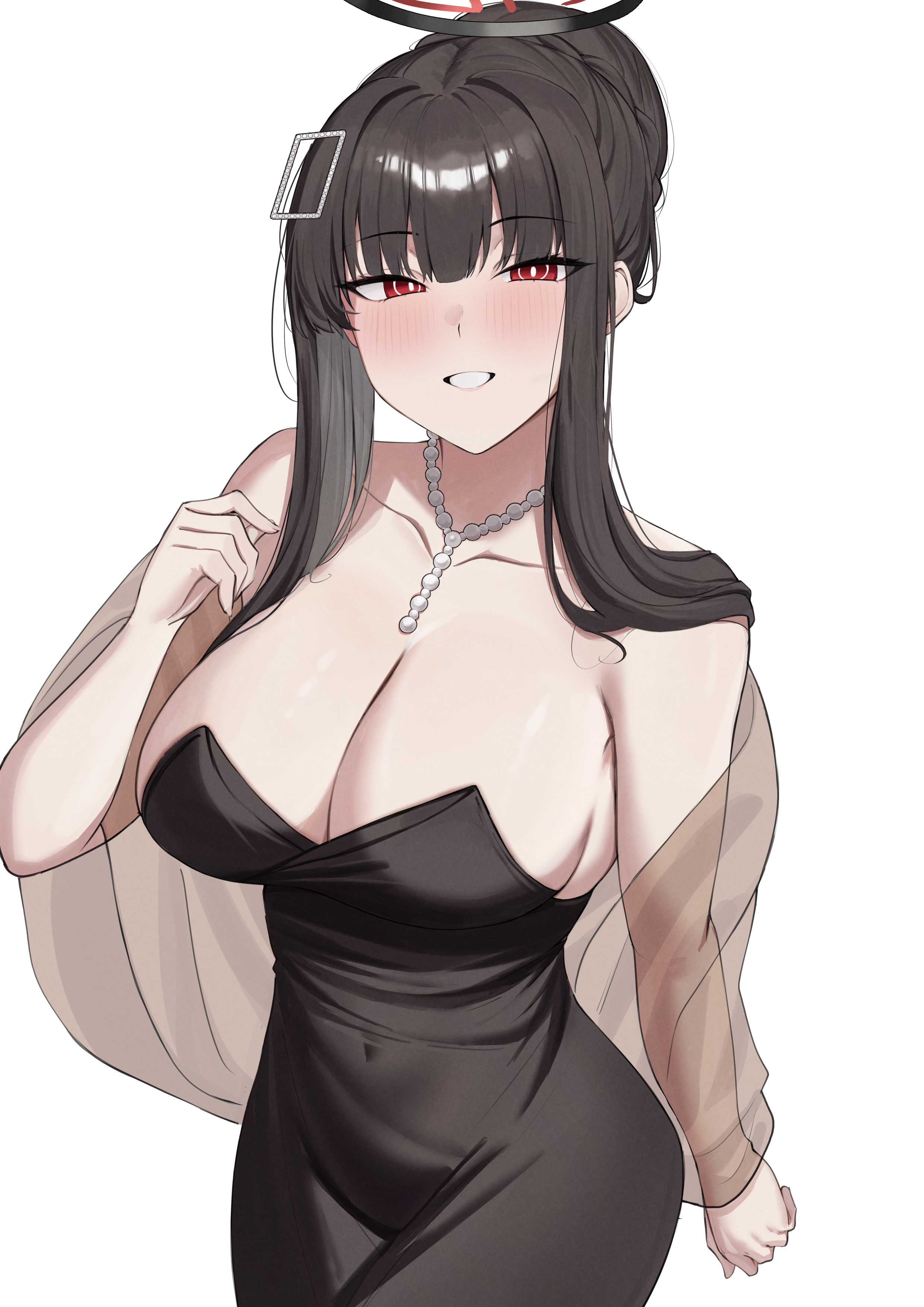 ref (pmxt4483), rio (blue archive), rio (dress) (blue archive), blue archive, absurdres, highres, 1girl, bare shoulders, bead necklace, beads, black dress, black halo, blush, breasts, cleavage, collarbone, cowboy shot, dress, grin, hair bun, halo, hand up, jewelry, large breasts, necklace, official alternate costume, red eyes, sidelocks, simple background, smile, solo, white background