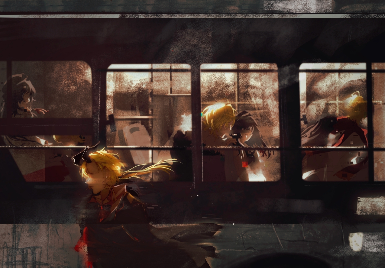 shiwu ye ying, heroine (lovebrush chronicles), lars rorschach, lars rorschach (until the end of time), lovebrush chronicles, chinese commentary, 1girl, 3boys, ascot, beret, black bow, black bowtie, black cape, black coat, black hair, black hat, black horns, blonde hair, bow, bowtie, braid, bus, cape, cardigan, coat, coat on shoulders, collared shirt, cowboy shot, demon boy, demon horns, from outside, fur-trimmed coat, fur trim, hair between eyes, hair ribbon, hat, horns, lars rorschach (everyday outfit), light particles, long hair, long sleeves, low ponytail, motor vehicle, multiple boys, multiple persona, multiple views, no eyes, on bus, open mouth, ponytail, red ascot, red ribbon, red scarf, red skirt, ribbon, scarf, shirt, short hair, side braid, sitting, skirt, standing, upper body, white cardigan, white shirt