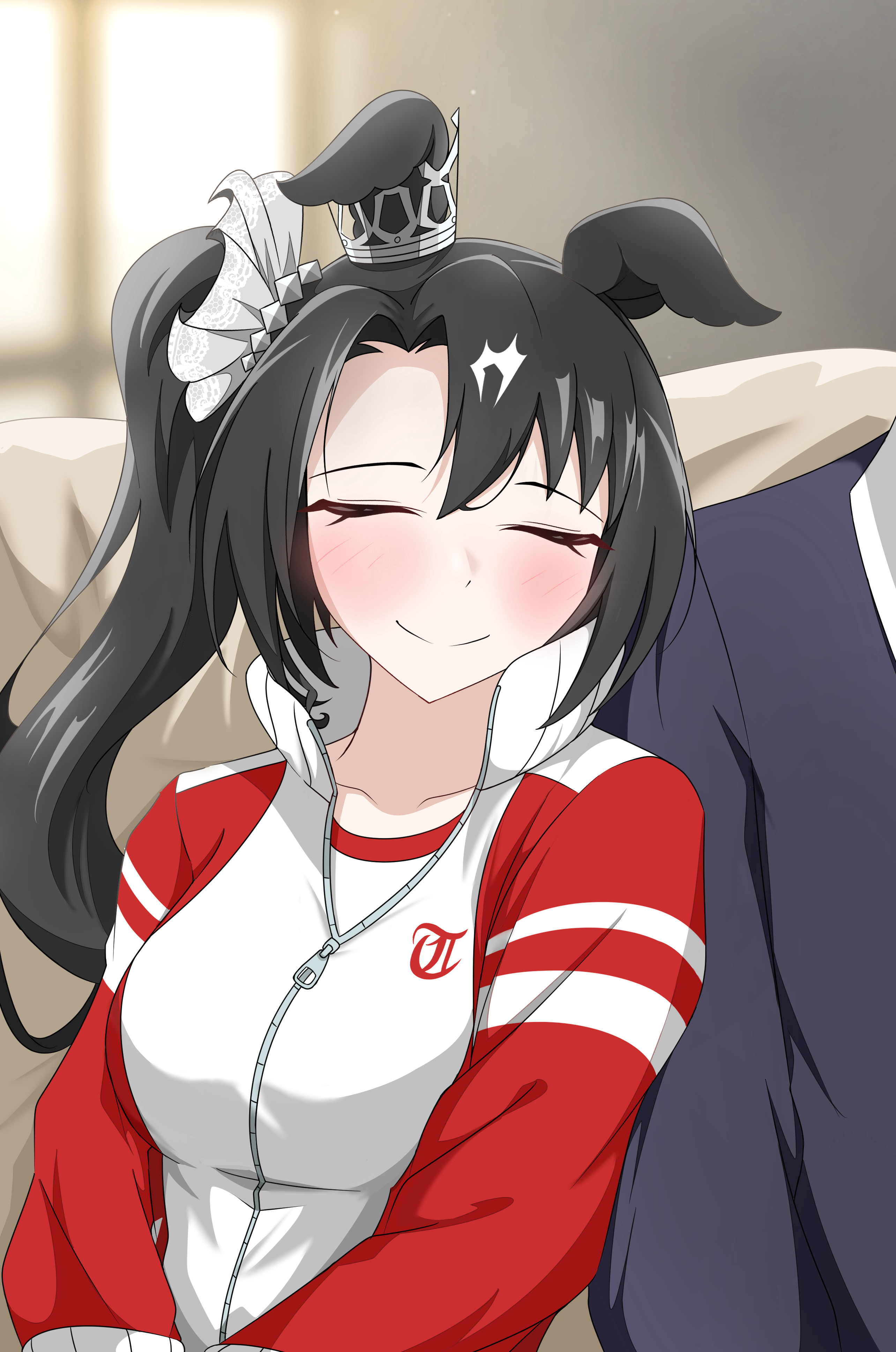 abyss kpn (ki), satono crown (umamusume), trainer (umamusume), umamusume, absurdres, highres, 1boy, 1girl, animal ears, black hair, black jacket, blush, closed eyes, gym shirt, gym uniform, horse ears, horse girl, jacket, long hair, multicolored hair, multicolored jacket, red jacket, shirt, side ponytail, smile, solo focus, streaked hair, tracen training uniform, track jacket, two-tone jacket, upper body, white hair, white jacket, white shirt