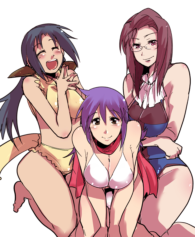 uchiuchi keyaki, amao ayumu, hana reiko, shinki yuu, live on cardliver kakeru, 3girls, barefoot, bikini, black hair, blush, breasts, breasts squeezed together, brown hair, cleavage, crossed arms, glasses, happy, large breasts, multiple girls, one-piece swimsuit, purple hair, scarf, sketch, smile, swimsuit, thighs
