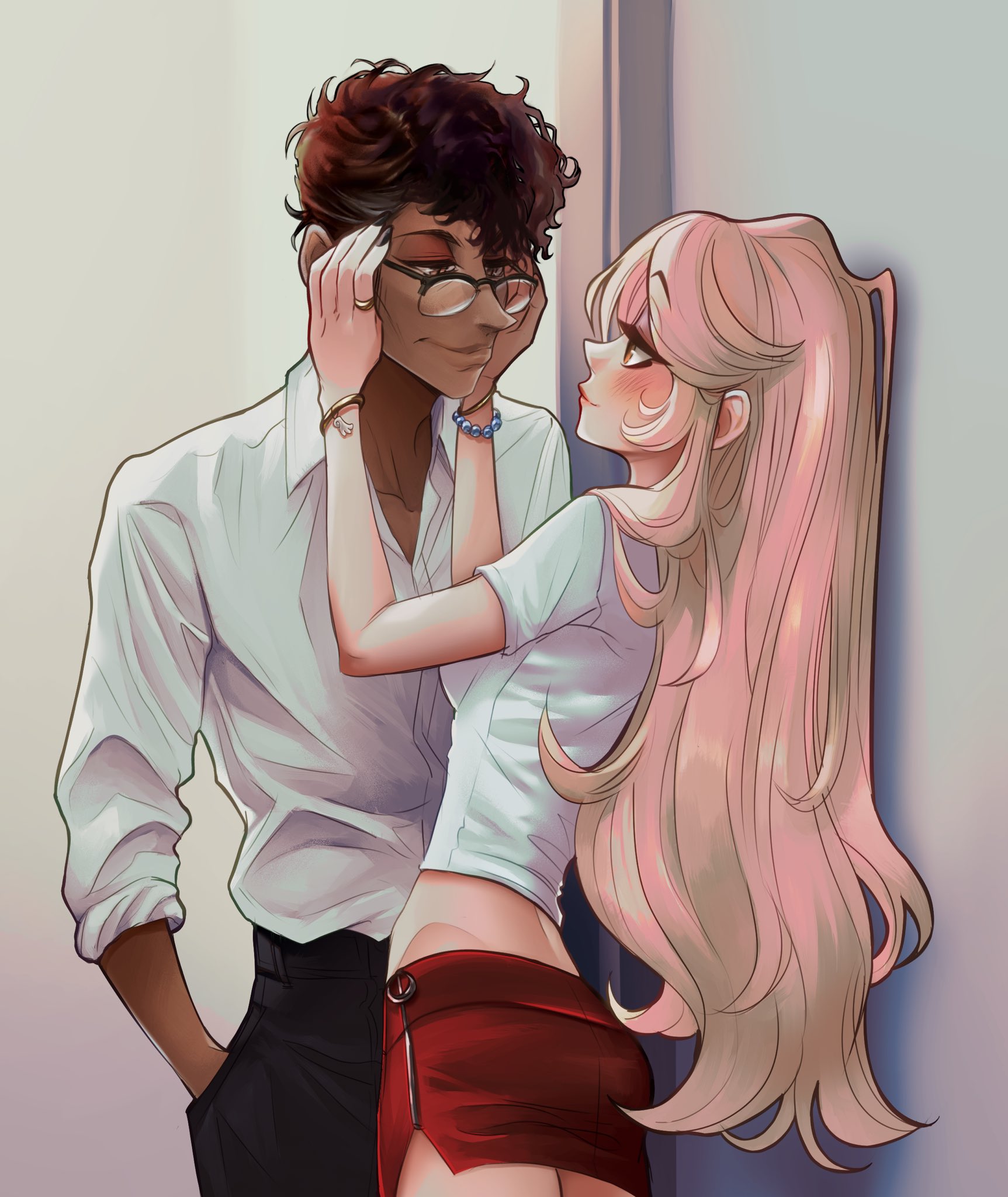 alastor (hazbin hotel), alastor (human) (hazbin hotel), charlie morningstar, hazbin hotel, hellaverse, commentary, english commentary, highres, 1boy, 1girl, adjusting another's eyewear, black pants, blush, bracelet, breasts, brown hair, dark-skinned male, dark skin, deerlydepart, eye contact, glasses, jewelry, long hair, looking at another, medium breasts, miniskirt, pants, red skirt, shirt, short hair, short sleeves, skirt, white shirt