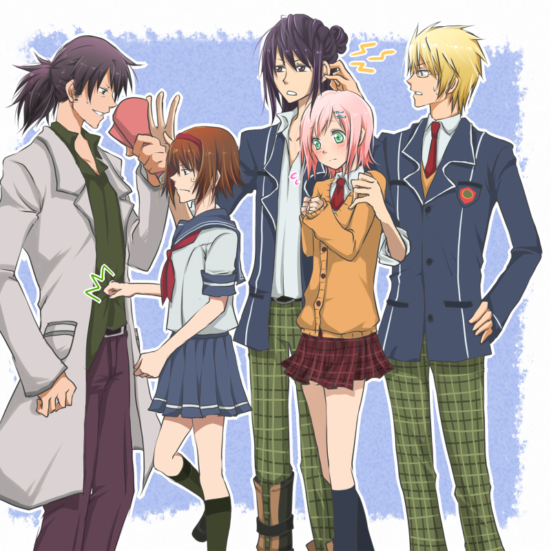 ayatsuji mia, estellise sidos heurassein, flynn scifo, raven (tales), rita mordio, yuri lowell, tales of (series), tales of vesperia, bad id, bad pixiv id, 00s, 2girls, 3boys, alternate costume, black eyes, black hair, blonde hair, blue eyes, brown hair, coat, contemporary, glasses, green eyes, grin, hairband, long hair, multiple boys, multiple girls, necktie, official alternate costume, pink hair, ponytail, school uniform, short hair, smile