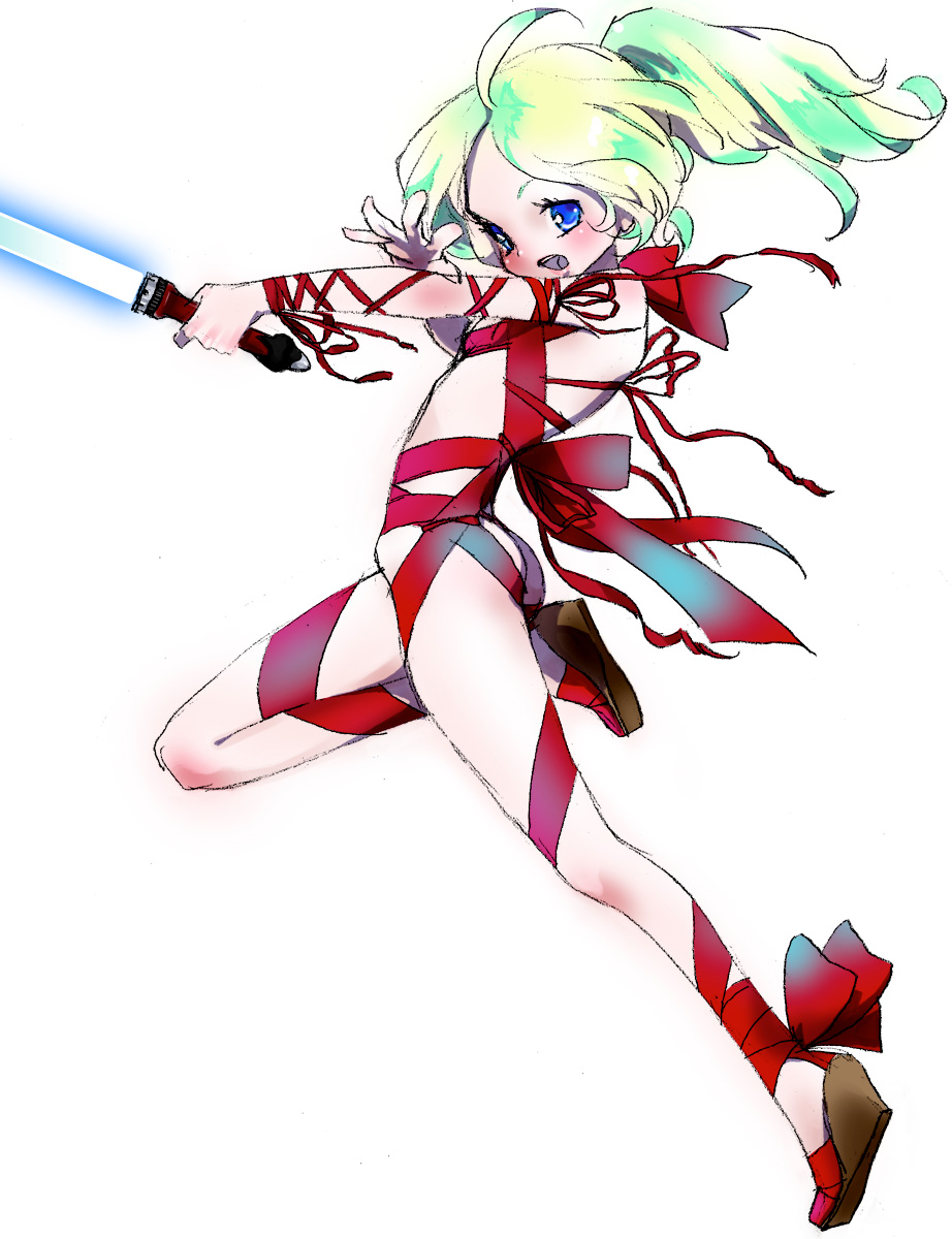 noromi, tina branford, final fantasy, final fantasy vi, bad id, bad pixiv id, highres, 1990s (style), 1girl, ass, blue eyes, blush, female focus, flat chest, loli, long hair, naked ribbon, ponytail, retro artstyle, ribbon, solo, sword, weapon