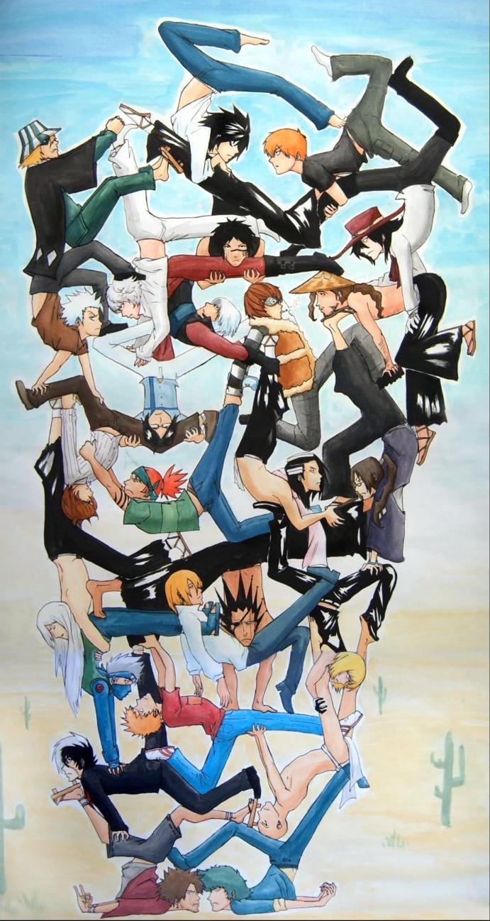 go-devil-dante, abarai renji, alucard (hellsing), black jack, black jack (character), dante (devil may cry), hatake kakashi, hisagi shuuhei, hitsugaya toushirou, howl, ishida uryuu, jinnosuke, kuchiki byakuya, kurosaki ichigo, kyouraku shunsui, l (death note), madarame ikkaku, matt (death note), mello (death note), mugen (samurai champloo), near (death note), sohma kyou, spike spiegel, ukitake juushirou, urahara kisuke, yagami light, zaraki kenpachi, black jack (series), bleach, capcom, cowboy bebop, death note, devil may cry (series), fruits basket, hellsing, howl no ugoku shiro, naruto (classic), naruto (series), samurai champloo, shounen jump, shueisha, howl pendragon, silver hair, highres, jpeg artifacts, 00s, 1990s (style), 6+boys, beard, black eyes, black hair, blonde hair, blouse, blue eyes, blue hair, brown eyes, brown hair, cactus, contortion, crossover, desert, everyone, facial hair, flexible, hairband, male focus, multiple boys, multiple crossover, orange hair, pants, red eyes, red hair, retro artstyle, sand, sandals, shirt, shoes, short hair, skirt, smile, socks, what