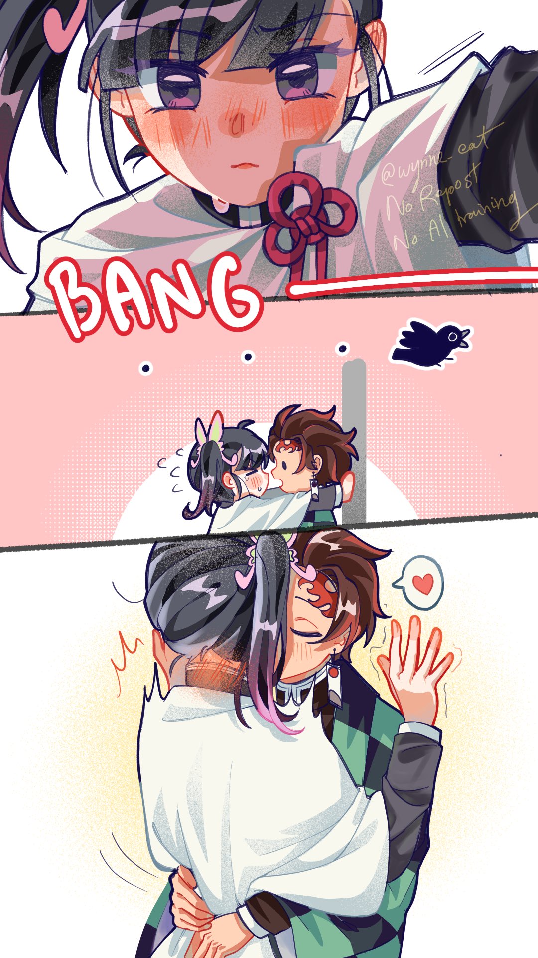 kamado tanjirou, tsuyuri kanao, kimetsu no yaiba, highres, 1boy, 1girl, :d, against wall, animal, bird, blush, butterfly hair ornament, crow, earrings, english text, flying sweatdrops, hair ornament, haori, heart, hetero, hug, japanese clothes, jewelry, kabedon, kiss, looking at another, looking at viewer, open mouth, scar, scar on face, short hair, side ponytail, smile, spoken heart, sweat, watermark, yoru karu