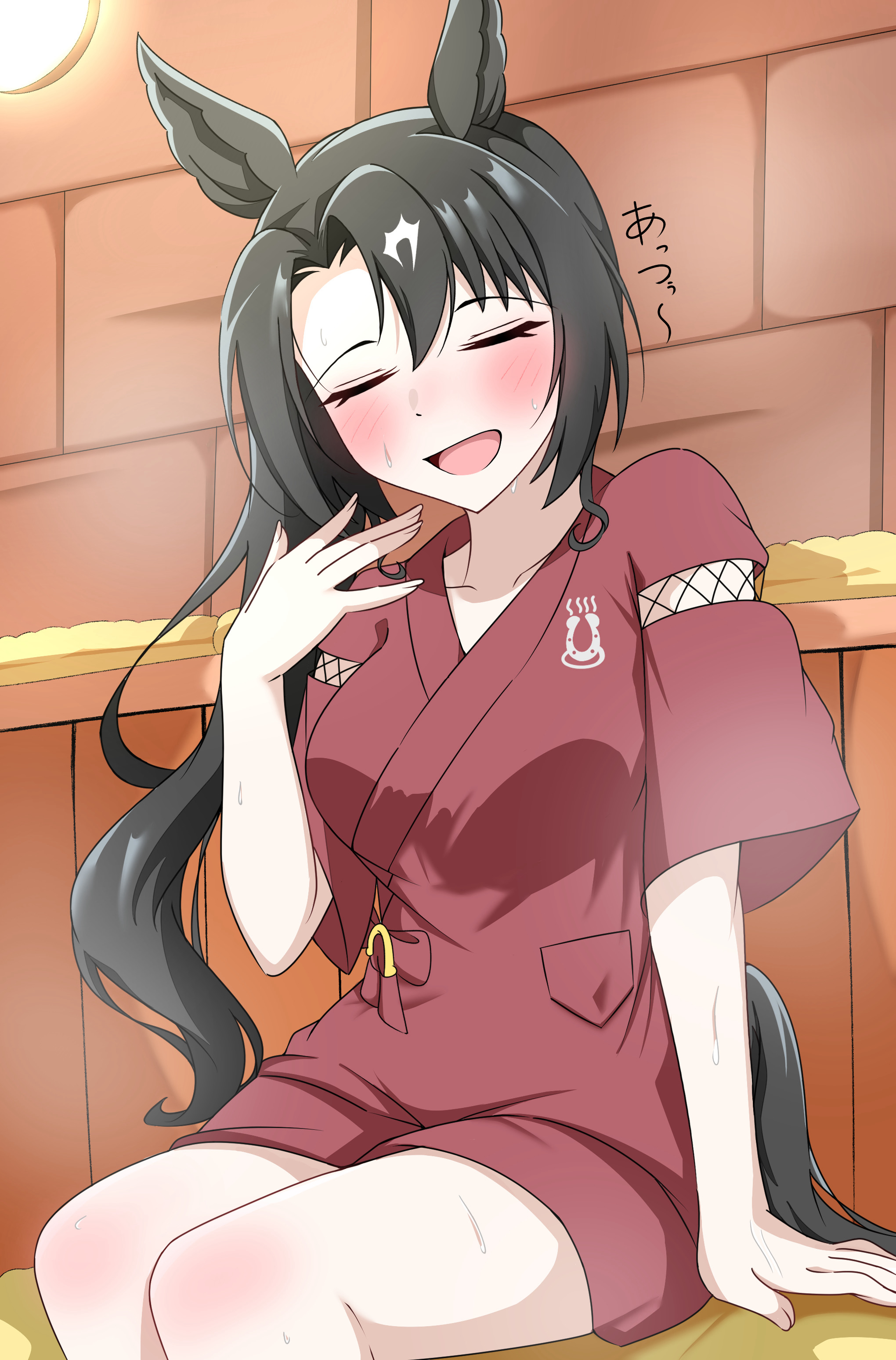 abyss kpn (ki), satono crown (umamusume), umamusume, absurdres, highres, 1girl, animal ears, black hair, blush, breasts, closed eyes, collarbone, hair between eyes, horse ears, horse girl, horse tail, long hair, medium breasts, multicolored hair, open mouth, red robe, robe, sauna, short sleeves, side ponytail, sitting, smile, solo, streaked hair, tail, white hair