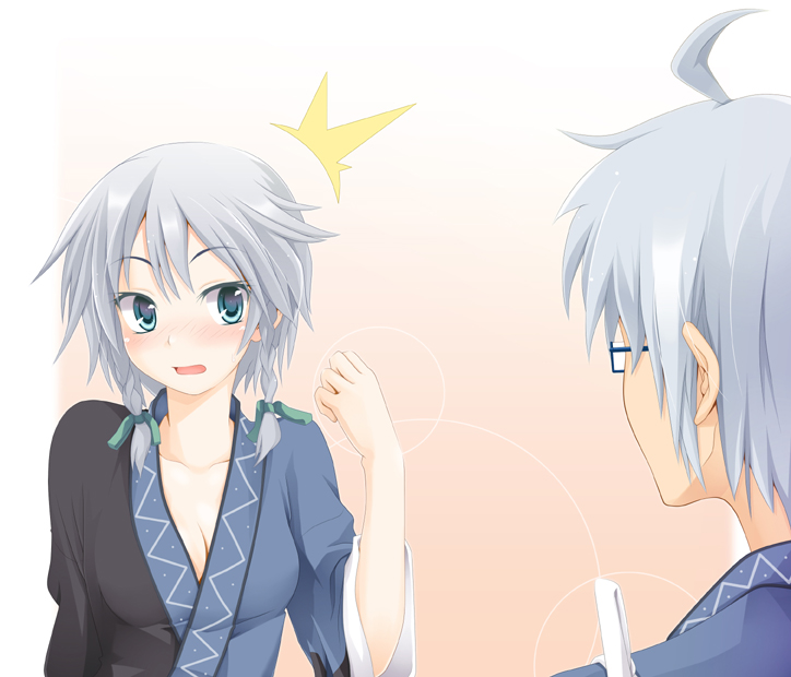 ogami kazuki, izayoi sakuya, morichika rinnosuke, touhou, silver hair, bad id, bad pixiv id, 1boy, 1girl, alternate costume, blue eyes, blush, braid, breasts, cleavage, cosplay, glasses, hetero, morichika rinnosuke (cosplay), short hair, twin braids