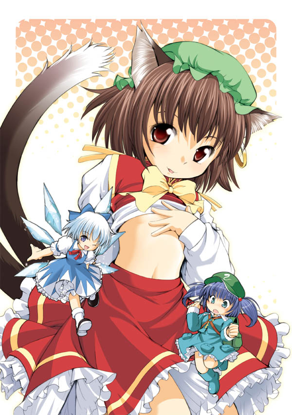 seminoyu, chen, cirno, kawashiro nitori, touhou, jpeg artifacts, 3girls, animal ears, aqua eyes, boots, bow, brown hair, cat ears, cat tail, clothes lift, earrings, frills, gathers, hair bobbles, hair bow, hair ornament, hat, jewelry, multiple girls, one eye closed, purple hair, shirt lift, short hair, skirt, socks, tail, twintails, wink