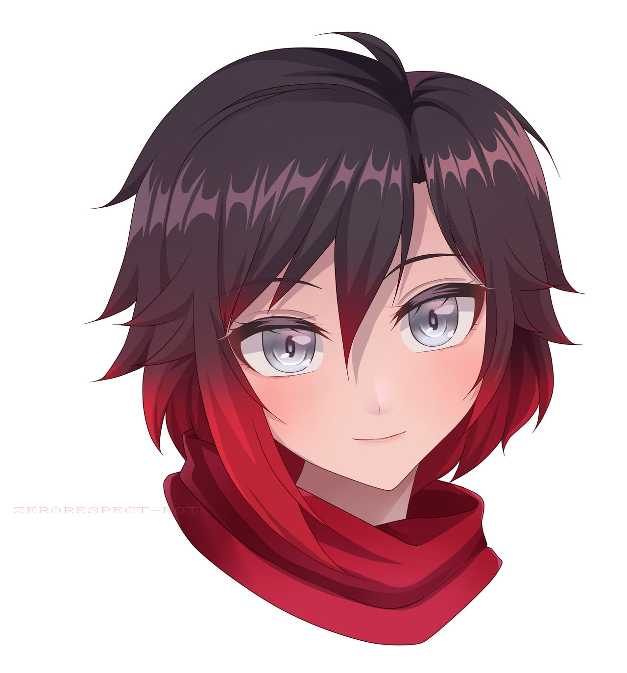 zephylyne, ruby rose, rwby, highres, 1girl, artist name, black hair, blush, closed mouth, cropped head, eyelashes, gradient hair, grey eyes, hair between eyes, multicolored hair, portrait, red hair, short hair, simple background, smile, solo, white background
