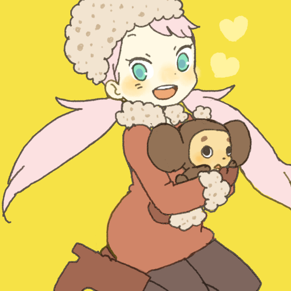 yukke, cheburashka, cynthia lane, overman king gainer, 00s, 1girl, animal, blue eyes, blush, boots, female focus, flat color, happy, hat, heart, pantyhose, pink hair, solo, twintails