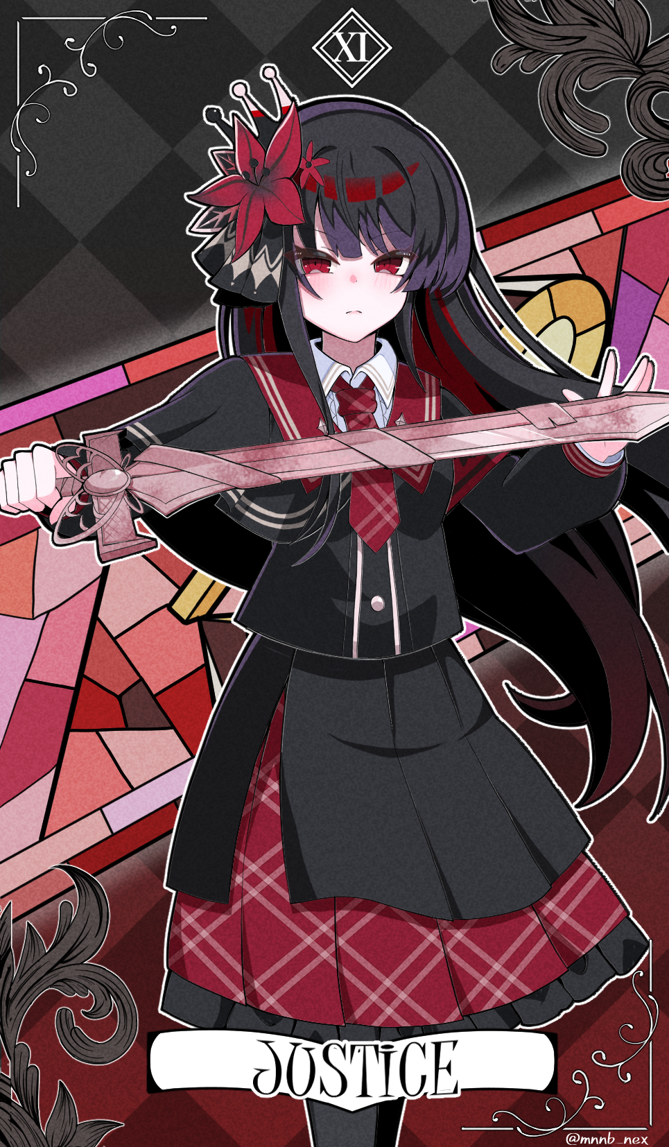 nikaido hiro, mahou shoujo no majo saiban, commentary, highres, 1girl, armband, black dress, black hair, black pantyhose, crown, dress, flower, furrowed brow, hair flower, hair ornament, holding, holding sword, holding weapon, justice (tarot), long hair, looking at viewer, mononobe nekuro, mosaic pattern, necktie, pantyhose, red armband, red eyes, red flower, red necktie, solo, stained glass, sword, tarot, very long hair, weapon
