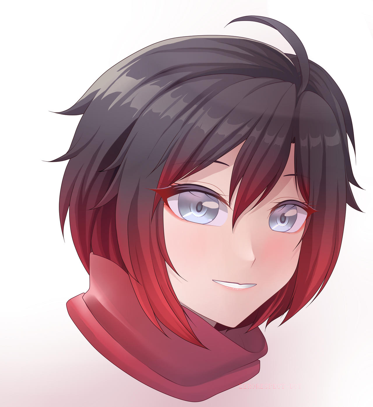 zephylyne, ruby rose, rwby, commentary, english commentary, highres, redrawn, 1girl, ahoge, black hair, cropped head, eyelashes, gradient hair, grey eyes, multicolored hair, red hair, simple background, smile, solo, teeth, white background