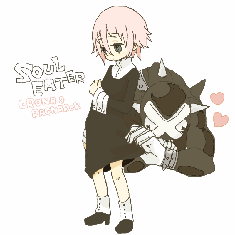 yukke, crona (soul eater), ragnarok (soul eater), soul eater, gender request, 00s, androgynous, black dress, black skin, clothes lift, colored skin, cuff links, dress, dress lift, frown, gauntlets, gloves, grey eyes, hair between eyes, heart, high collar, monster, muscular, pink hair, shoes, short hair, spikes, striped clothes, striped gloves, x x