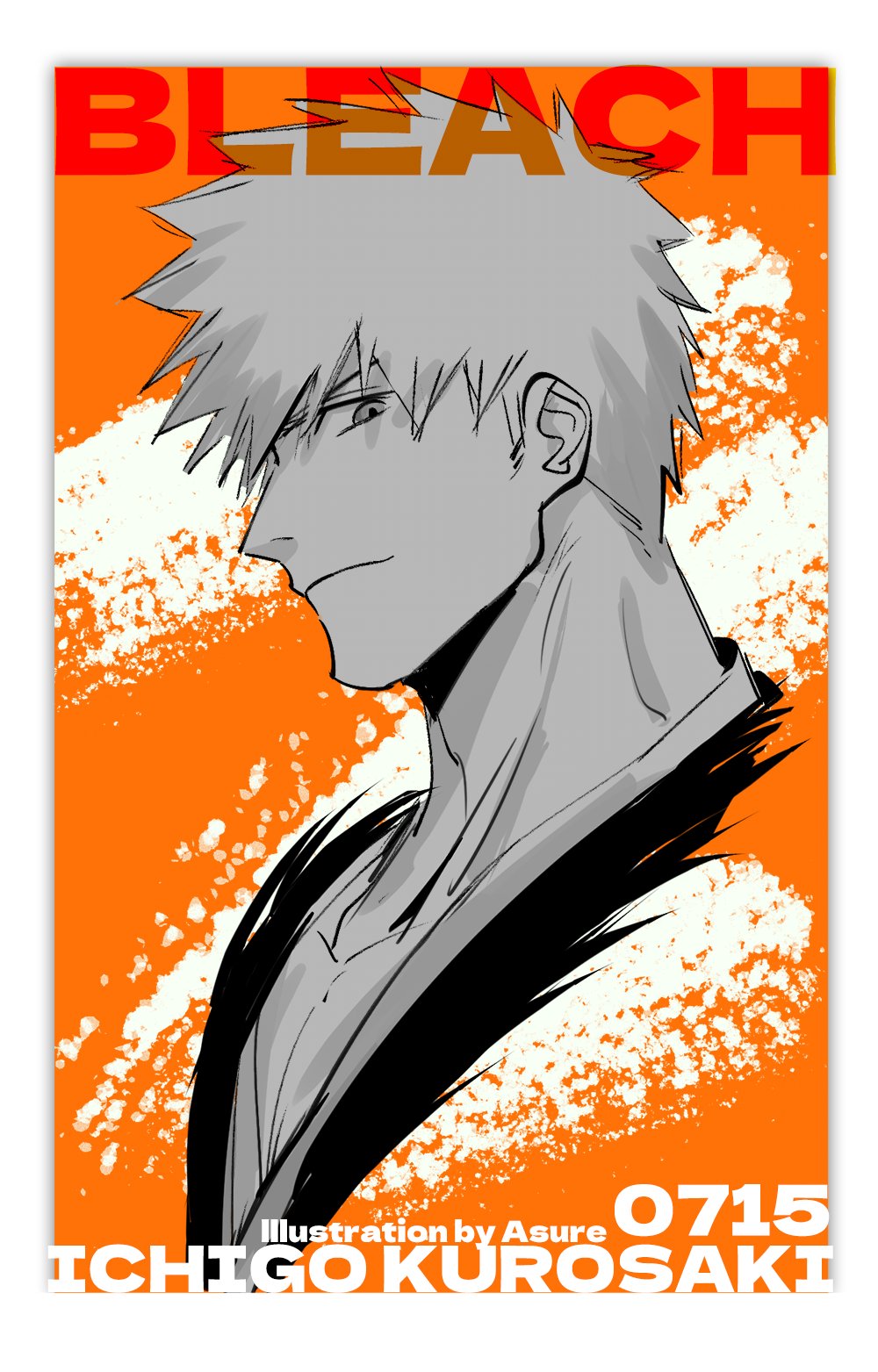 asure (asure twi), kurosaki ichigo, bleach, commentary, highres, symbol-only commentary, 1boy, artist name, border, character name, closed mouth, copyright name, greyscale with colored background, japanese clothes, looking at viewer, male focus, pectoral cleavage, pectorals, short hair, solo, upper body, white border