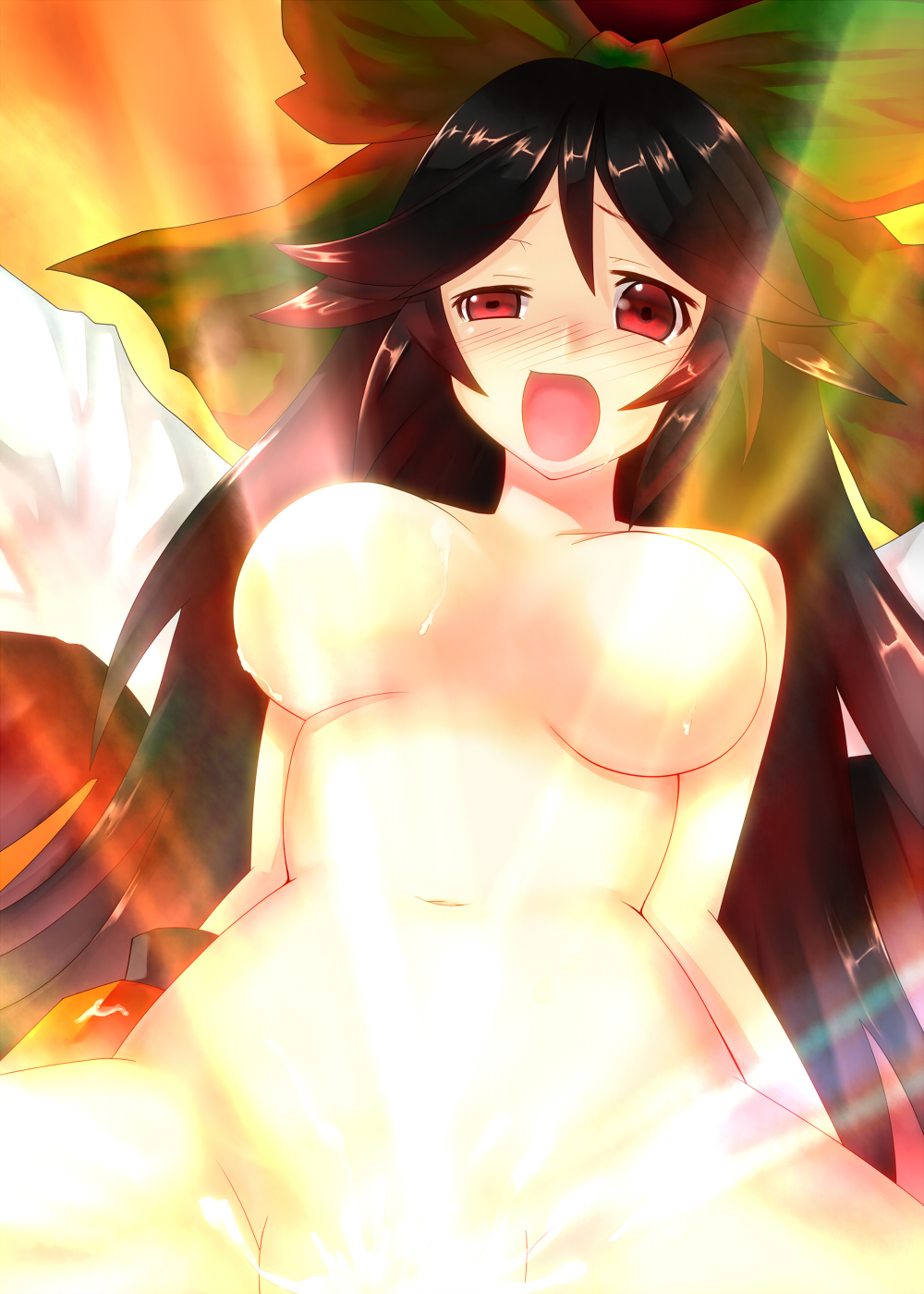 saemon (tonpura), reiuji utsuho, touhou, light, highres, 1girl, black hair, bow, cowgirl position, female focus, girl on top, glowing, hair bow, hair ribbon, implied sex, long hair, nude, radiation symbol, radioactive, red eyes, ribbon, solo, straddling, thighs