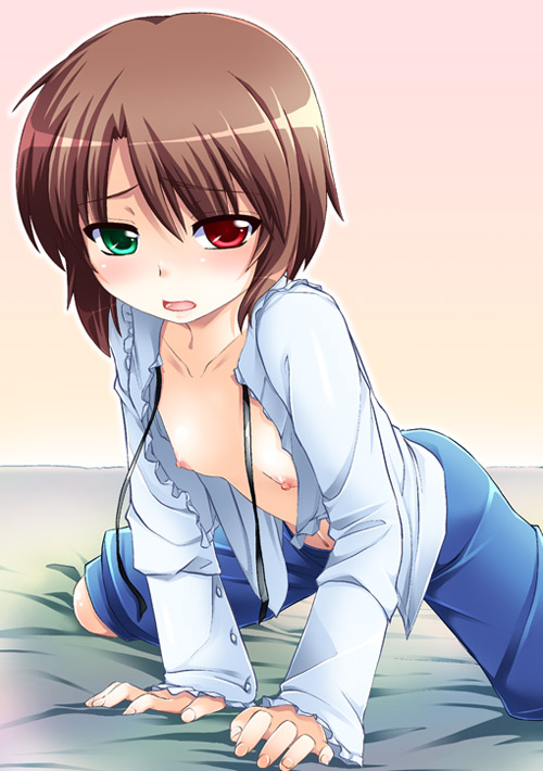 hijiri tsukasa, souseiseki, rozen maiden, 00s, 1girl, blush, brown hair, female focus, flat chest, heterochromia, loli, nipples, open clothes, open shirt, shirt, short hair, solo