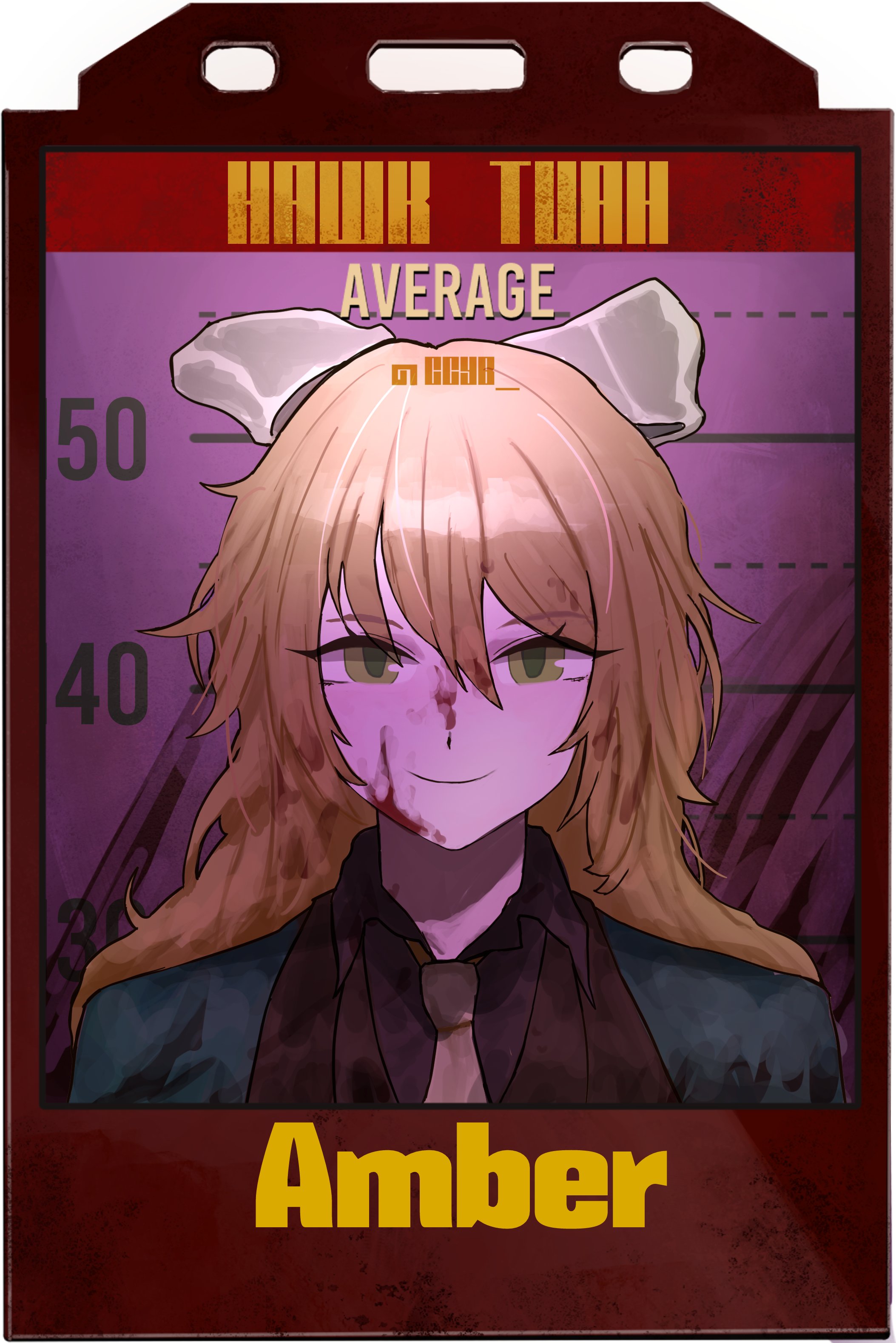 limbus company, original, project moon, absurdres, highres, 1girl, artist name, black shirt, blood, blood on clothes, blood on face, bow, brown hair, brown vest, ccyb, closed mouth, collared shirt, green eyes, green jacket, hair bow, hawk tuah (meme), id card (medium), jacket, long hair, meme, nai ga (style), narrowed eyes, necktie, seven association south uniform, shirt, smile, solo, twitter username, vest, white bow, yellow necktie