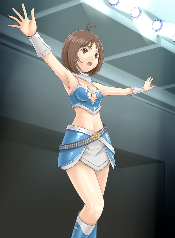 muhi11234, hidaka ai, hidaka megumi, idolmaster, idolmaster dearly stars, 00s, 1girl, armpits, bare shoulders, boots, breasts, brown eyes, brown hair, cool & sexy (idolmaster), female focus, short hair, solo