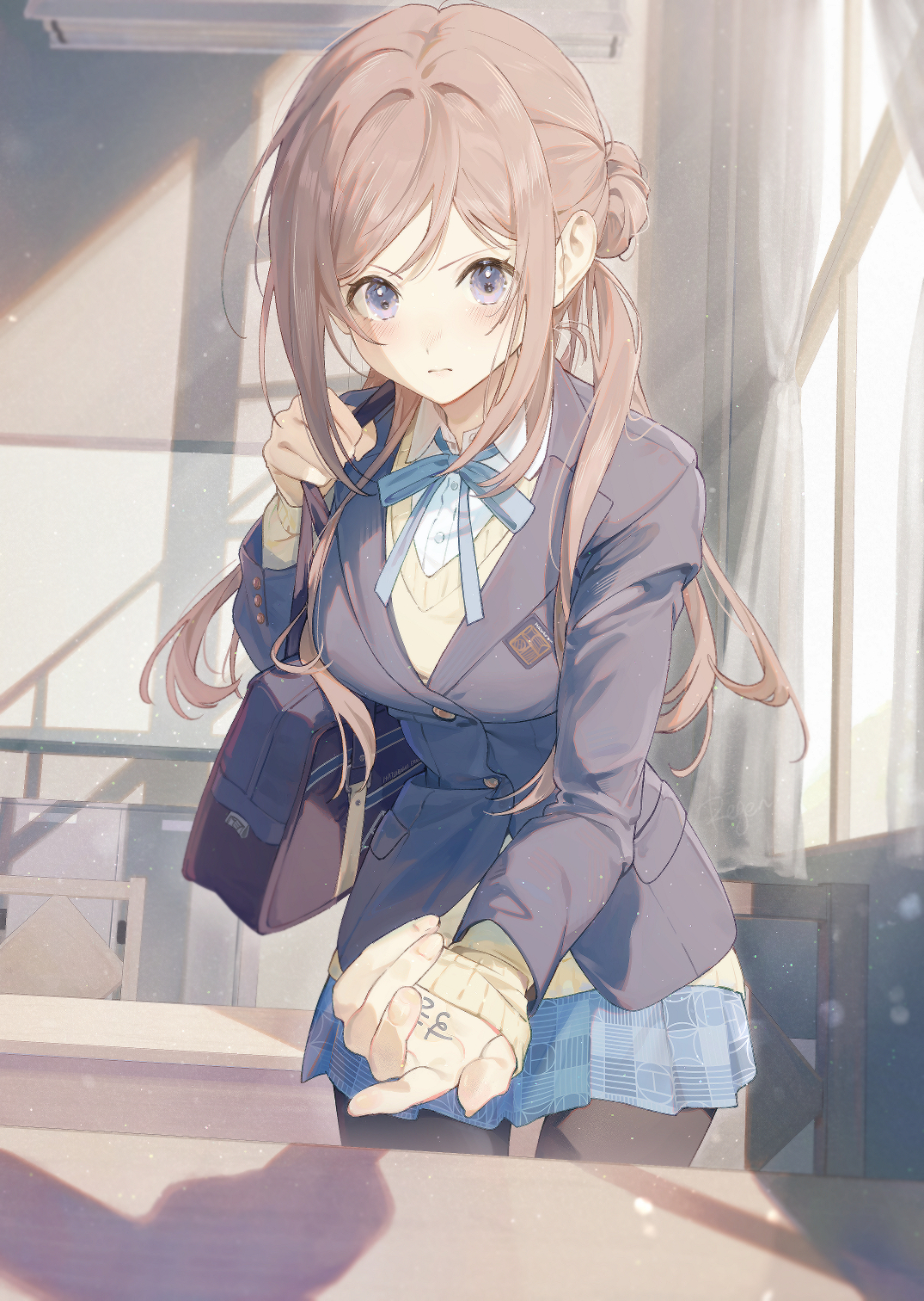 rain (regen), himesaki rinami, gakuen idolmaster, idolmaster, highres, 1girl, bag, black pantyhose, blazer, blue eyes, blue jacket, blue ribbon, breasts, brown hair, classroom, hatsuboshi gakuen school uniform, holding, holding bag, indoors, jacket, long hair, long sleeves, looking at another, looking at viewer, medium breasts, neck ribbon, pantyhose, ribbon, school bag, school uniform, shirt, solo, sweater, v-shaped eyebrows, white shirt, yellow sweater