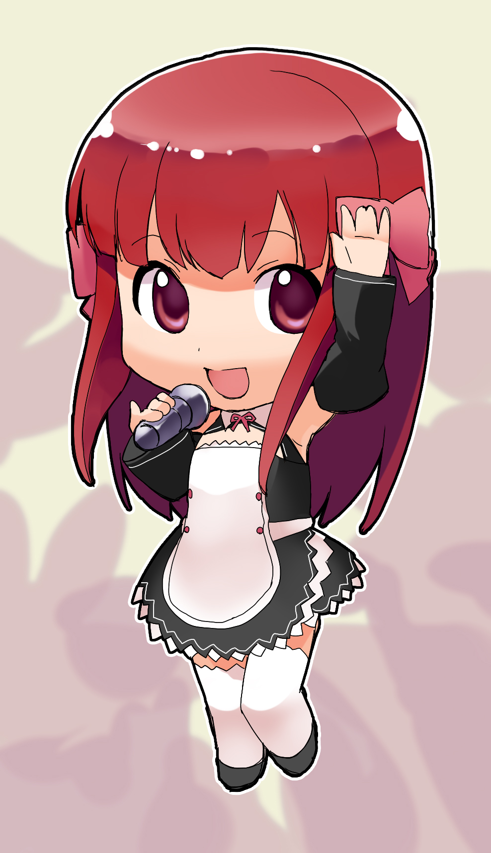 yaguchiya, yaguchiya tomoshi, amane (dream c club), dream c club, dream c club (series), bad id, bad pixiv id, highres, 1girl, chibi, female focus, microphone, red eyes, red hair, solo, thighhighs