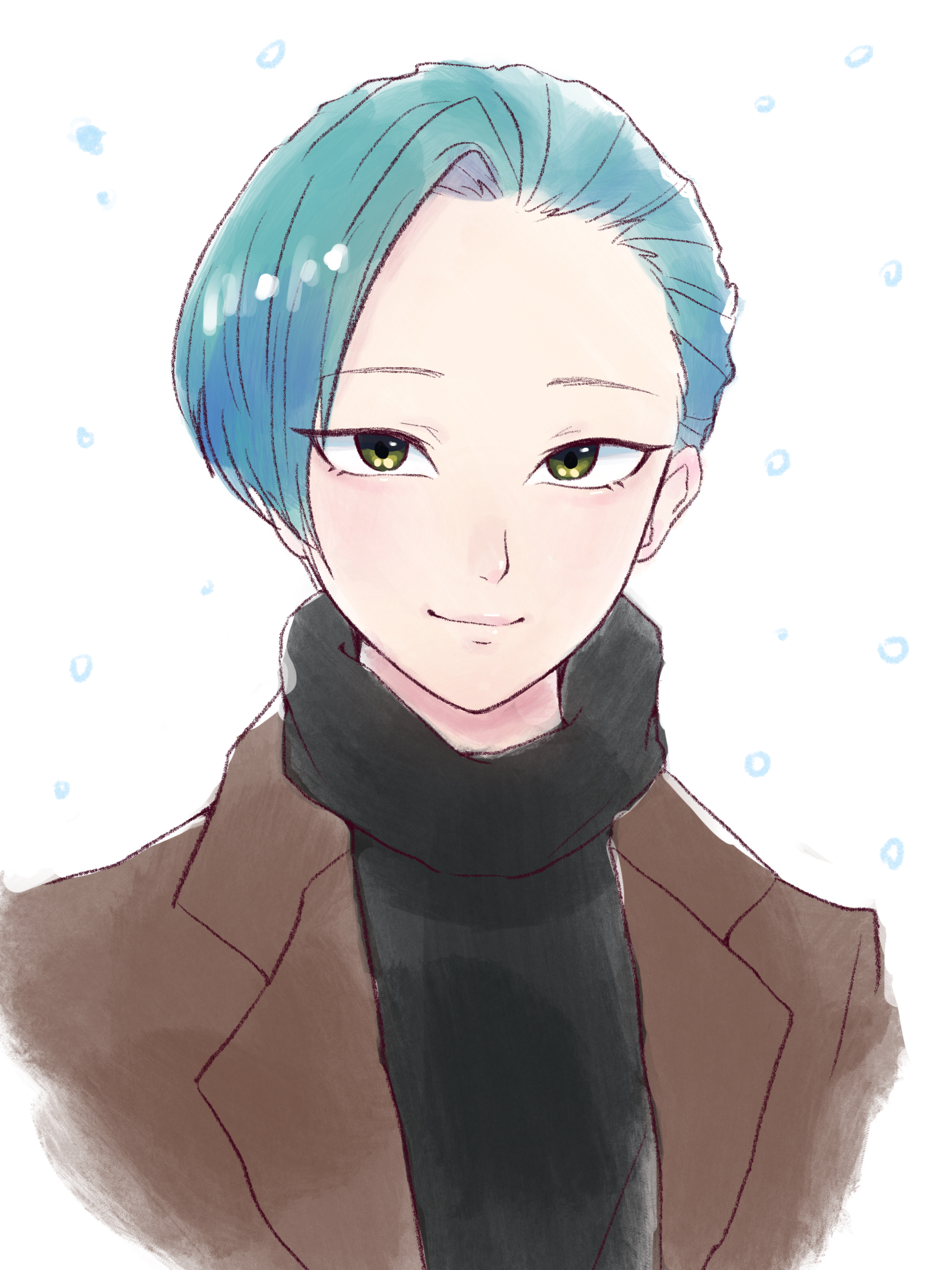 okubatomaeba, tokimeki memorial, tokimeki memorial 1, character request, commentary request, highres, 1boy, black scarf, blue hair, brown coat, closed mouth, coat, green eyes, looking at viewer, male focus, scarf, short hair, smile, snow, snowing, solo, upper body, white background, winter