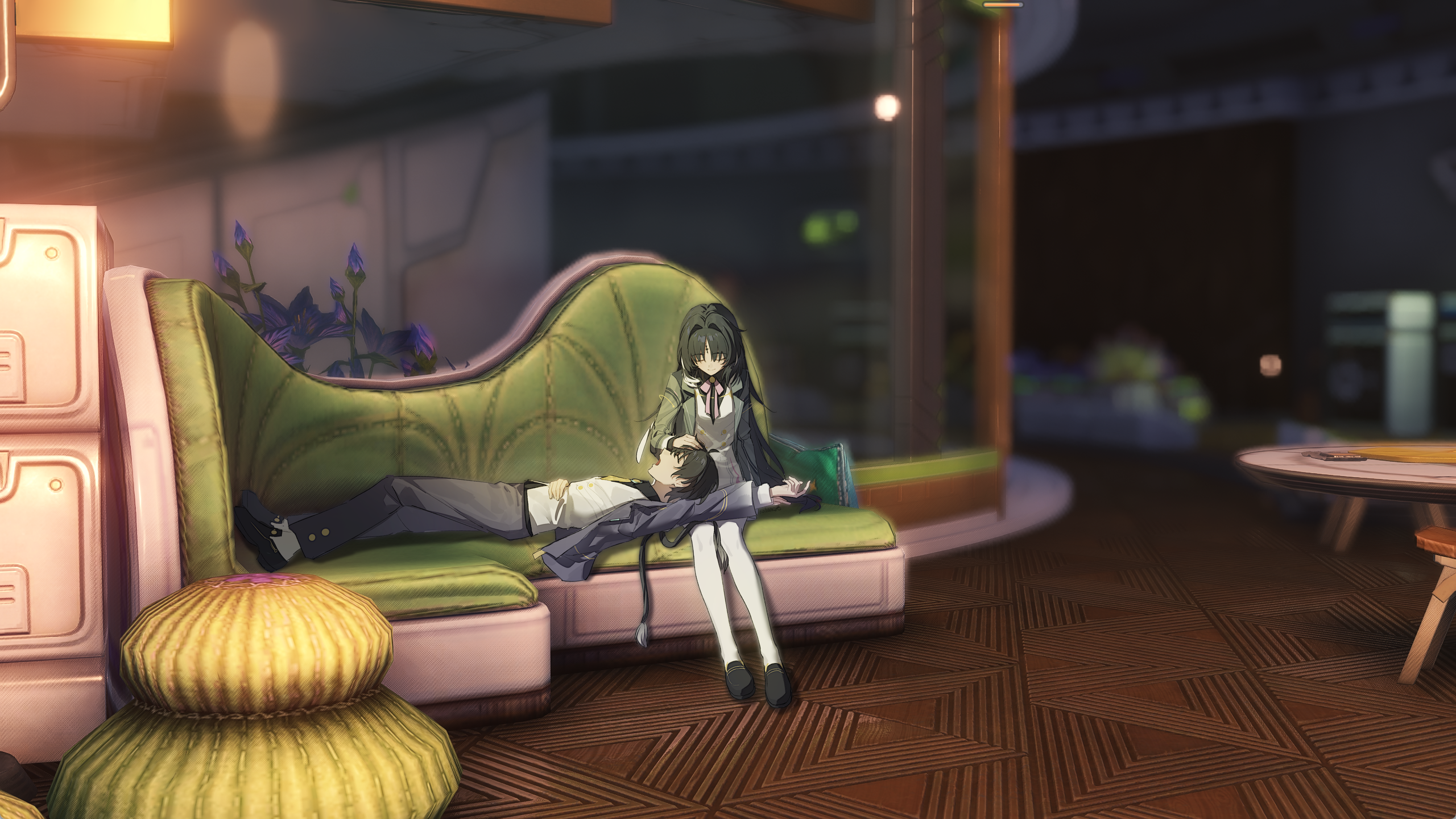 kohane kun, male rover (wuthering waves), rover (wuthering waves), yangyang (wuthering waves), wuthering waves, absurdres, chinese commentary, commentary request, highres, 1boy, 1girl, alternate costume, arm up, black hair, black jacket, black pants, breasts, closed eyes, closed mouth, dress, game screenshot background, hair intakes, hand on another's forehead, jacket, lap pillow, long hair, medium breasts, open mouth, pants, pantyhose, parted bangs, screenshot background, sitting, smile, tacet mark (wuthering waves), vest, white dress, white pantyhose, white vest, wide shot, yawning