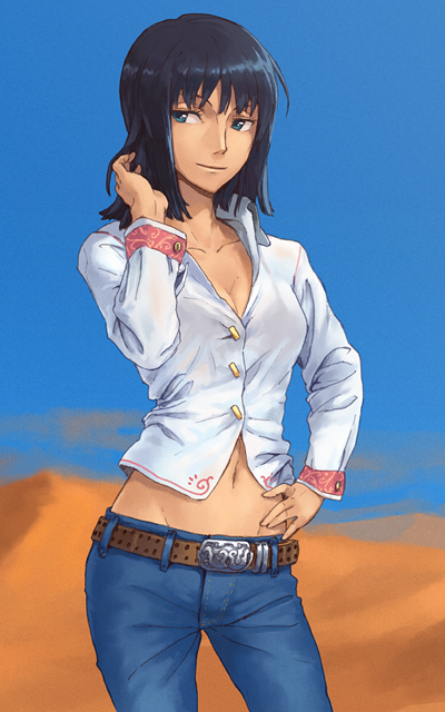 kagiya, nico robin, one piece, bad id, bad pixiv id, 1girl, adjusting hair, black hair, breasts, casual, cleavage, contemporary, denim, desert, female focus, hand on own hip, hip focus, jeans, midriff, pants, short hair, solo