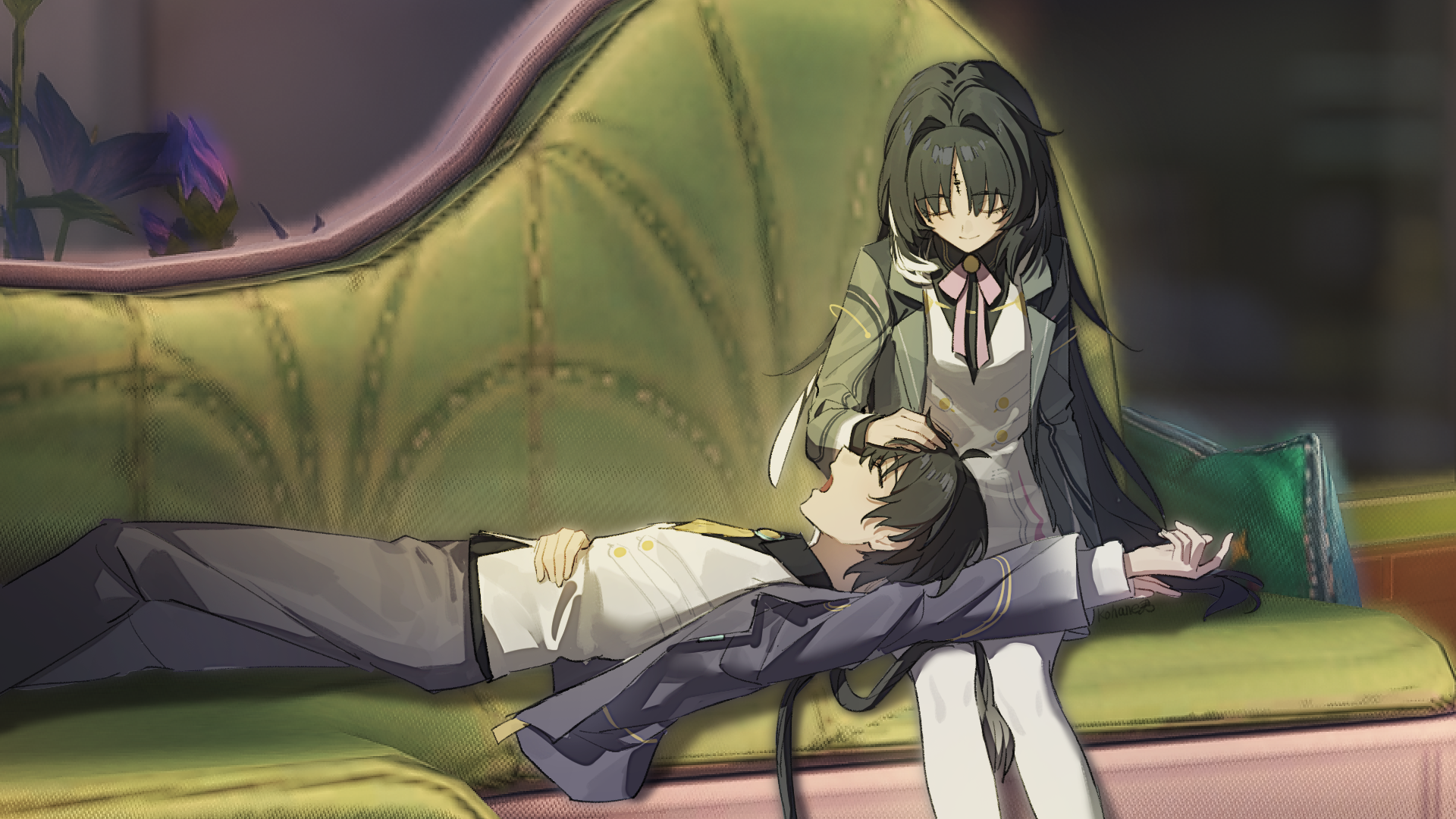 kohane kun, male rover (wuthering waves), rover (wuthering waves), yangyang (wuthering waves), wuthering waves, chinese commentary, commentary request, highres, 1boy, 1girl, alternate costume, arm up, black hair, black jacket, black pants, breasts, closed eyes, closed mouth, dress, game screenshot background, hair intakes, hand on another's forehead, jacket, lap pillow, long hair, medium breasts, open mouth, pants, pantyhose, parted bangs, screenshot background, sitting, smile, tacet mark (wuthering waves), vest, white dress, white pantyhose, white vest, yawning