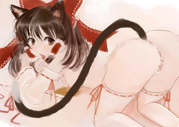 kito (coyo), hakurei reimu, touhou, 1girl, all fours, animal ears, ass, bow, breasts, brown eyes, brown hair, censored, convenient censoring, detached sleeves, female focus, hair bow, hair ribbon, japanese clothes, kemonomimi mode, long hair, looking back, maebari, miko, nude, ofuda, ribbon, ribbon-trimmed legwear, ribbon-trimmed sleeves, ribbon trim, sketch, solo, tail, tail censor, talisman, thighhighs, tongue, white thighhighs