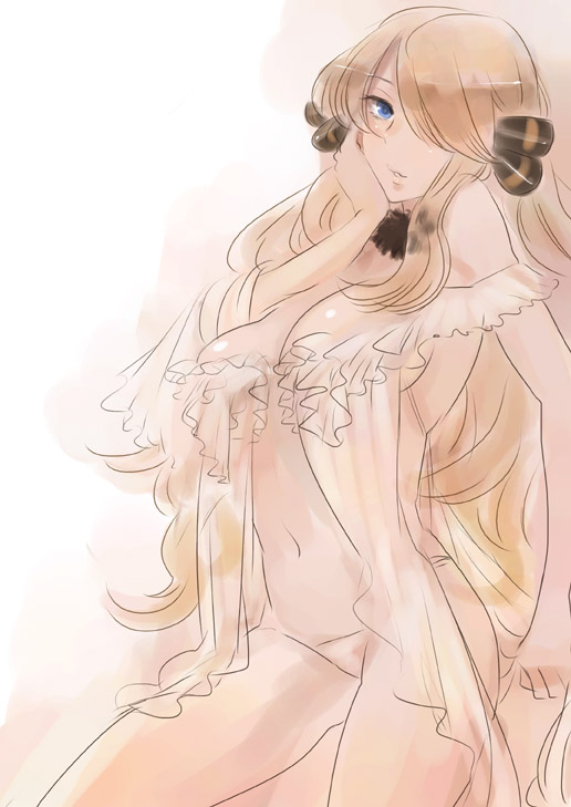 kito (coyo), cynthia (pokemon), nintendo, pokemon, pokemon dppt, 00s, 1girl, blonde hair, blue eyes, blush, breasts, brown hair, choker, female focus, hair over one eye, large breasts, lingerie, long hair, negligee, panties, solo, underwear