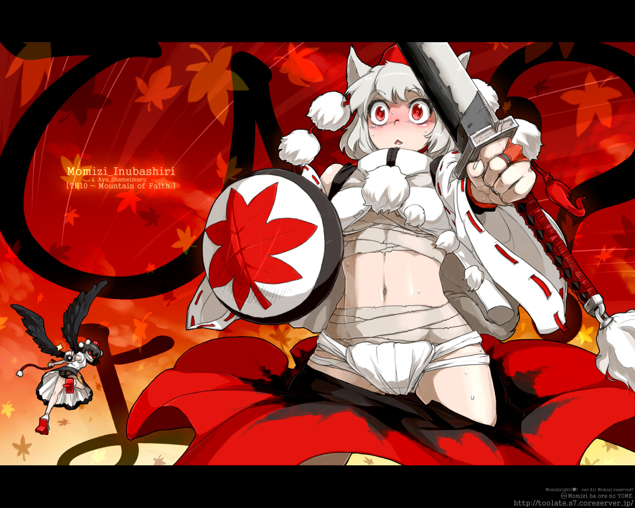 oso (toolate), inubashiri momiji, shameimaru aya, touhou, silver hair, 2girls, :<, animal ears, black hair, black panties, black wings, blush, camera, detached sleeves, female focus, geta, gradient background, hat, midriff, multiple girls, navel, panties, pantyshot, red eyes, sarashi, shield, short hair, skirt, sword, tail, tengu-geta, tokin hat, underwear, wardrobe malfunction, weapon, wings, wolf ears, wolf tail