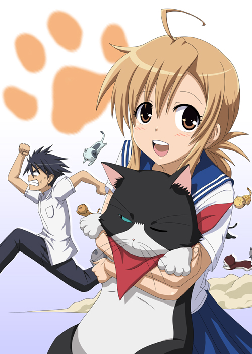 shirosame, kousaka junpei, mizuno kaede, nyamsas, nyan koi!, 00s, 1boy, 1girl, blonde hair, cat, open mouth, paw print, round teeth, school uniform, serafuku, teeth