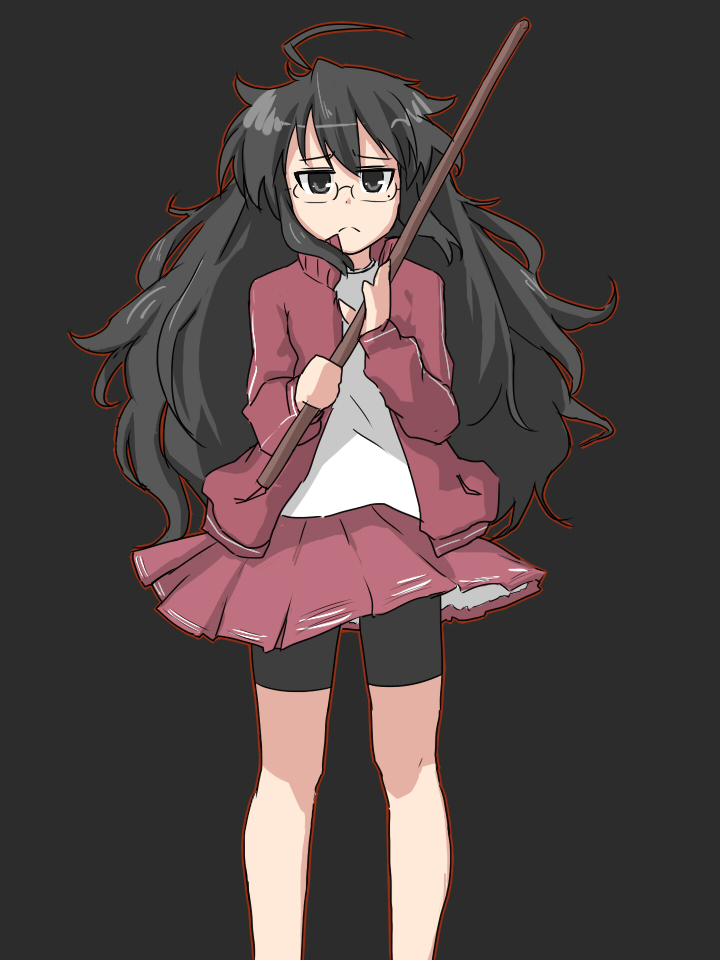 suzumiya annko, izumi konata, kurokona, lucky star, bad id, bad pixiv id, 00s, 1girl, ahoge, bike shorts, black eyes, black hair, bokken, female focus, glasses, jacket, long hair, mole, mole under eye, solo, stick, sword, weapon, wooden sword