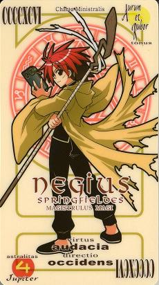 akamatsu ken, negi springfield, mahou sensei negima!, lowres, 00s, 1boy, card, card (medium), glasses, looking back, male focus, pactio, red hair, solo, staff, wand