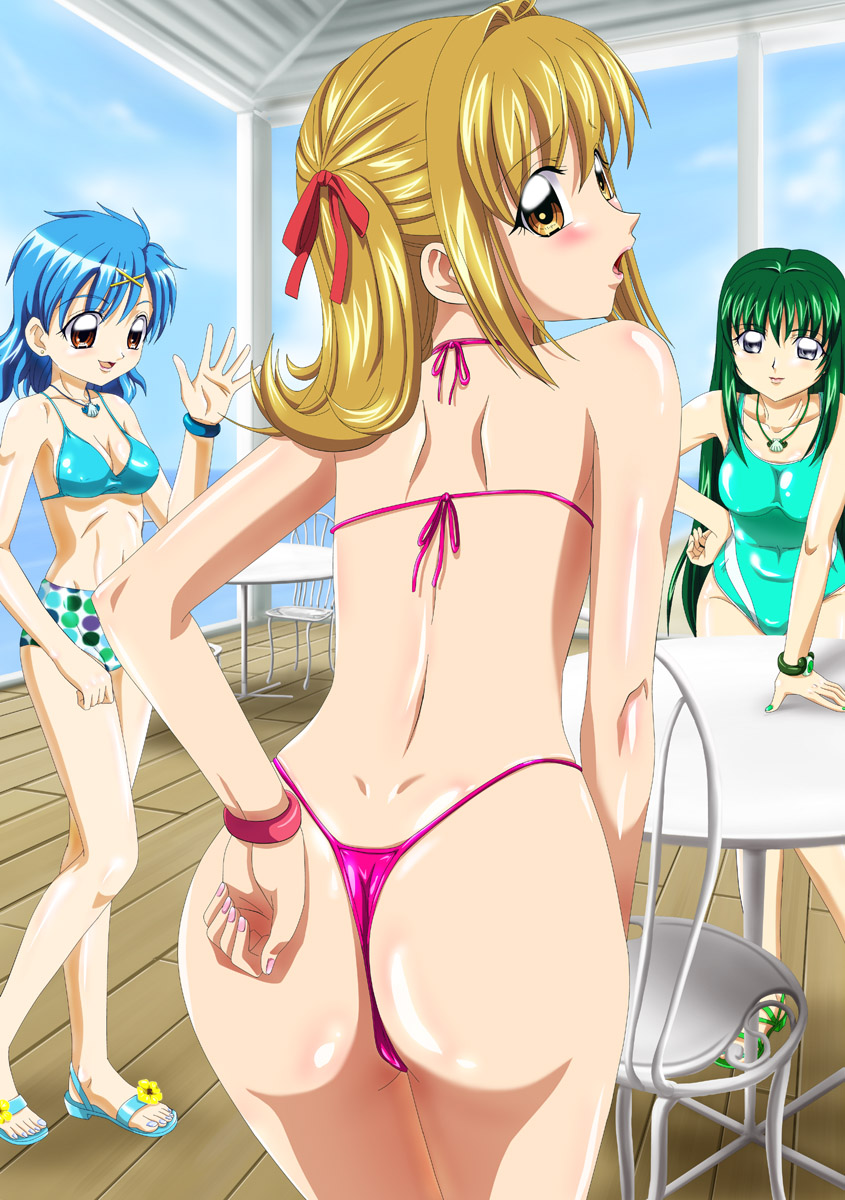 ankoku tiger, houshou hanon, nanami lucia, touin rina, mermaid melody pichi pichi pitch, highres, 00s, 3girls, ass, bikini, black eyes, blonde hair, blue hair, blue nails, blush, bracelet, breasts, brown eyes, brown hair, chair, cleavage, day, dimples of venus, from behind, green hair, green nails, hair ornament, hair ribbon, hairclip, hand on own hip, hip focus, jewelry, lipstick, long hair, looking back, makeup, medium breasts, multiple girls, nail polish, necklace, official style, one-piece swimsuit, open mouth, pink nails, polka dot, red eyes, ribbon, sandals, short hair, shorts, swimsuit, table, thong bikini, very long hair, waving, wedgie