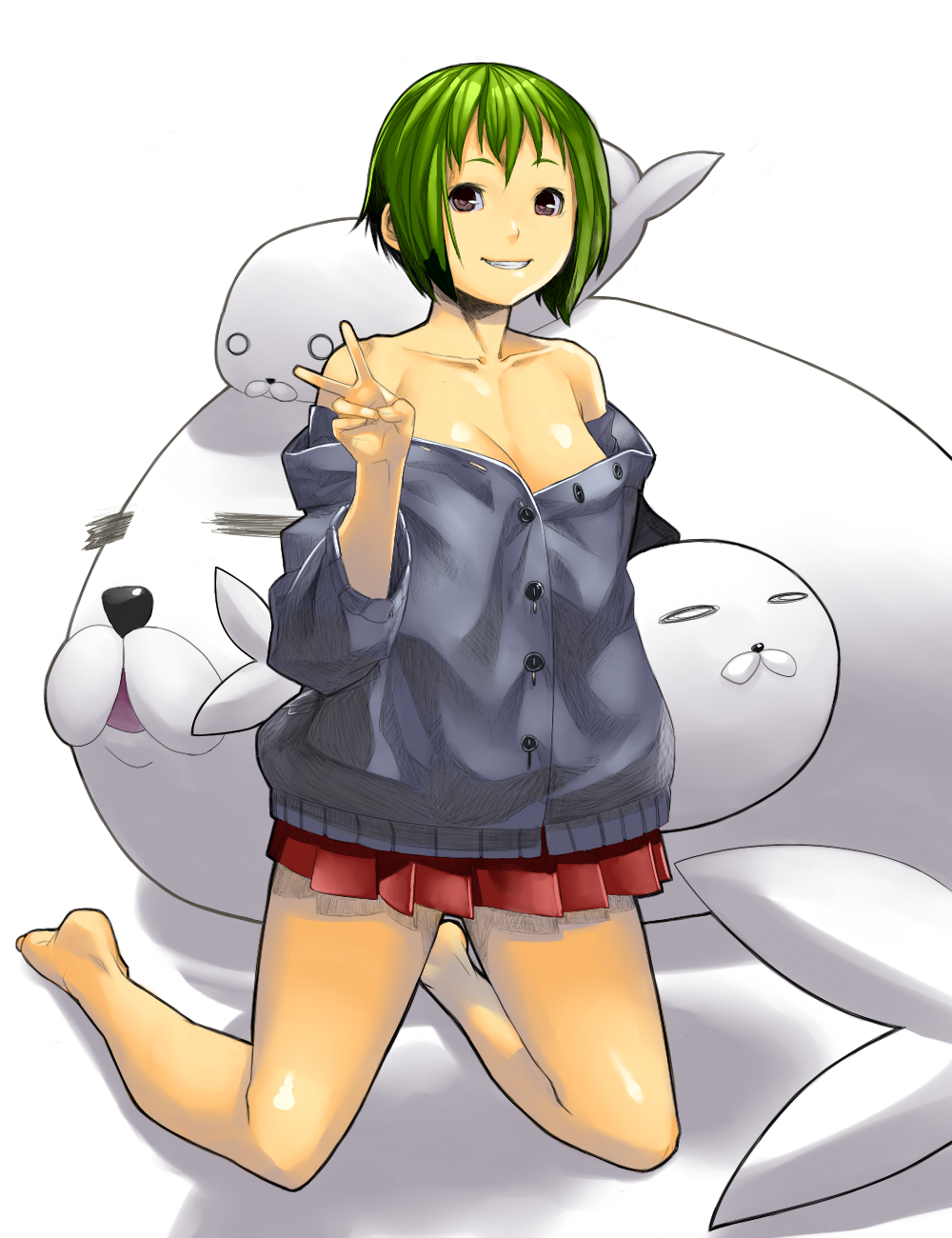 npa (sirokurokuma), original, bad id, bad pixiv id, highres, 1girl, bare shoulders, barefoot, breasts, cleavage, female focus, green hair, grin, happy, kneeling, legs, medium breasts, short hair, skirt, smile, solo, stuffed animal, stuffed toy, v