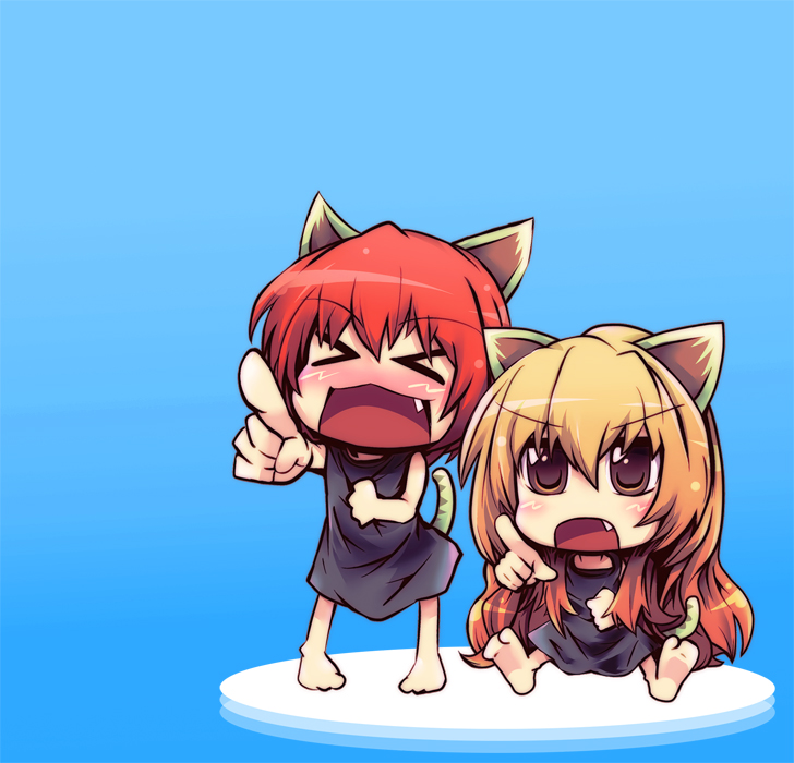 tanashi (mk2), aisaka taiga, kushieda minori, toradora!, 00s, animal ears, barefoot, blonde hair, blush, brown eyes, cat ears, cat tail, chibi, closed eyes, fang, feet, foreshortening, gradient hair, laughing, long hair, multicolored hair, pointing, red hair, tail
