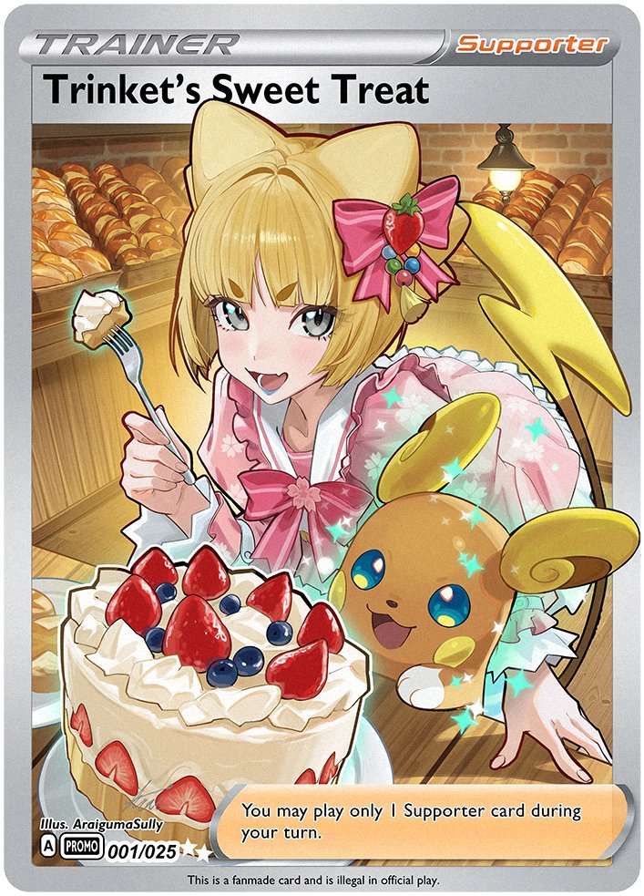araigumasully, alolan raichu, nintendo, pokemon, pokemon tcg, commission, skeb commission, 1girl, alolan form, bent over, blonde hair, blush, cake, card (medium), dress, fake trading card, fang, food, gen 7 pokemon, grey hair, open mouth, pink dress, pokemon (creature), short hair, skin fang, standing, strawberry shortcake, trading card
